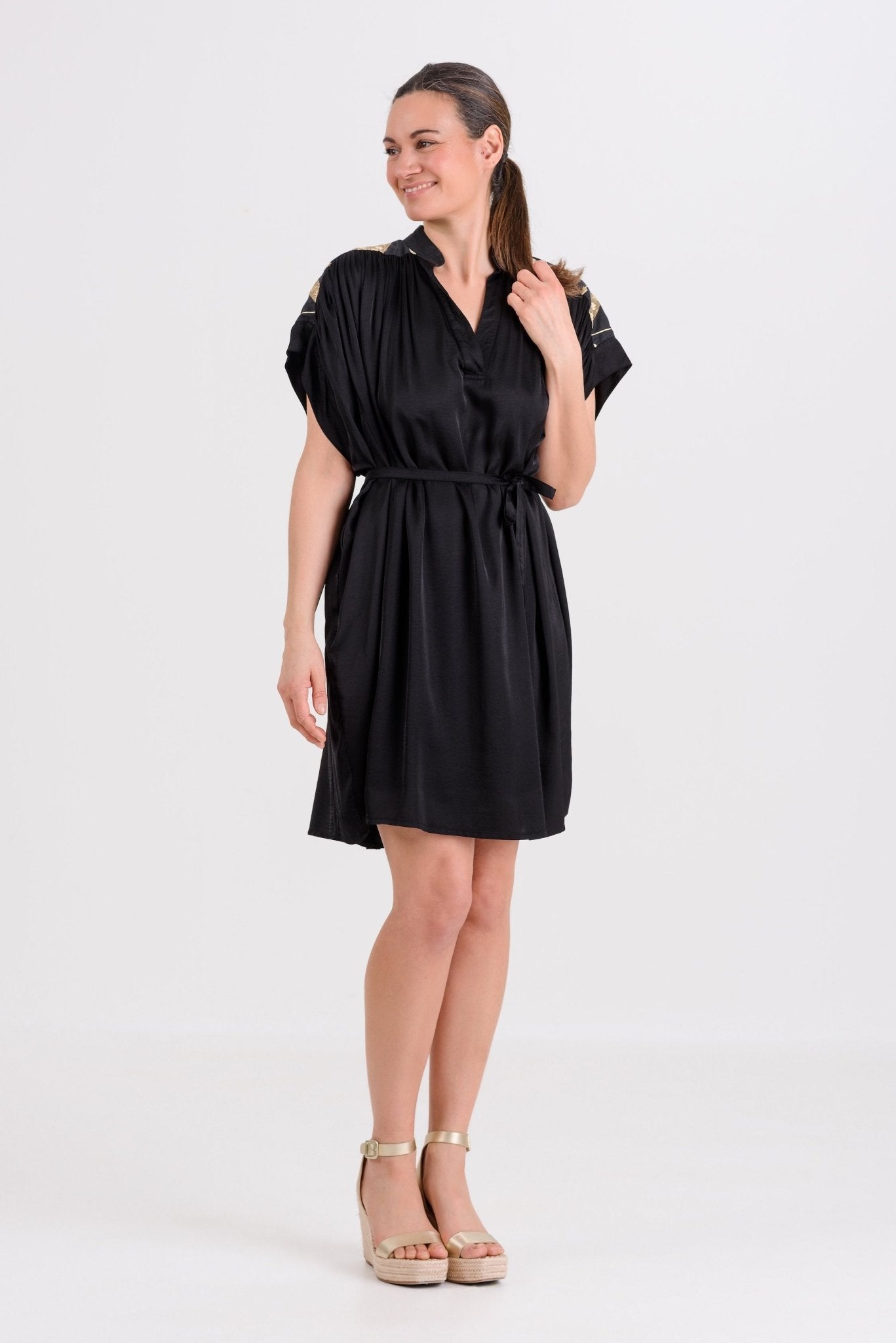Greek Archaic Kori Roots Silky Dress | Black & Gold. Available at Pasha Living