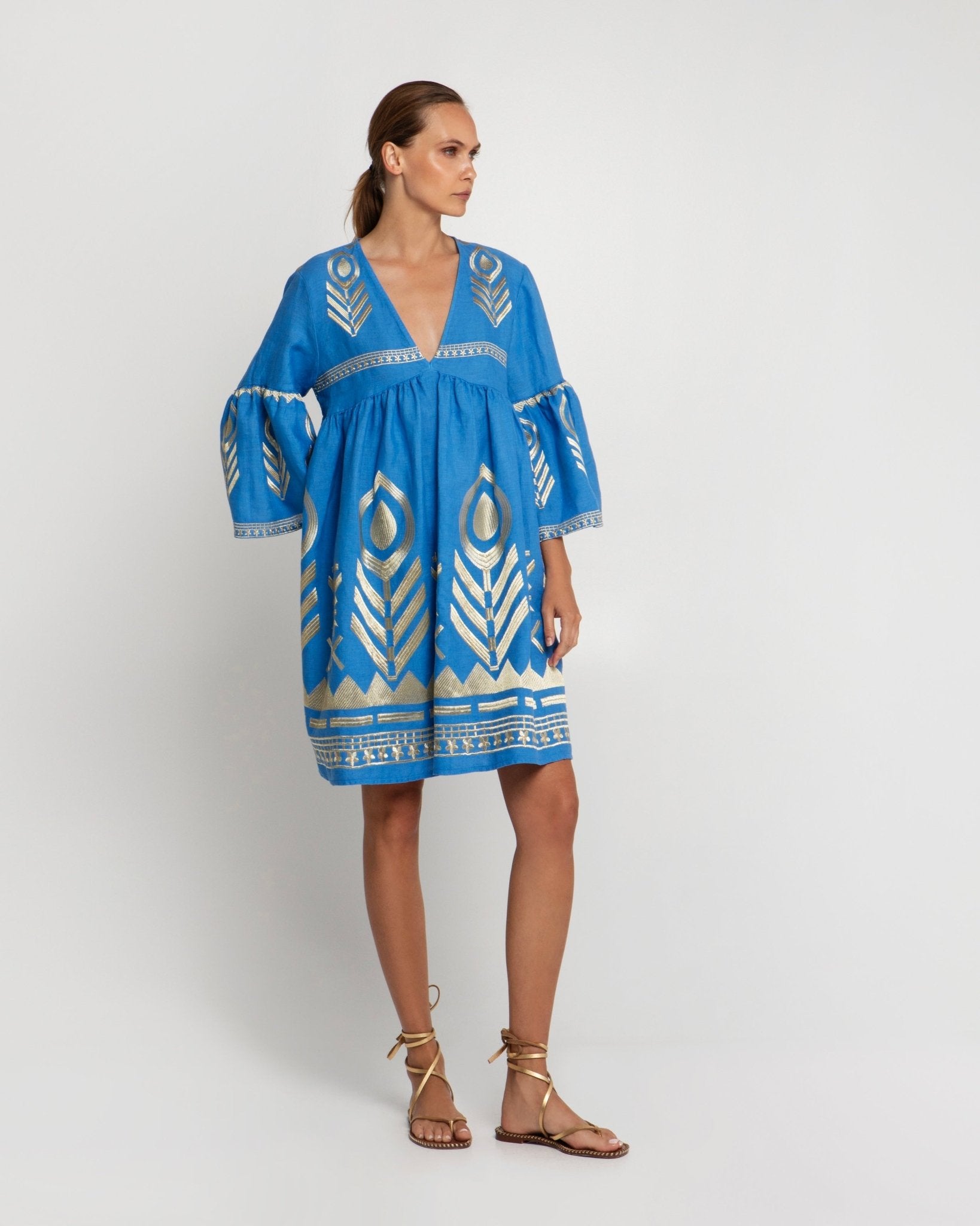 Greek Archaic Kori Short Dress Blue & Gold Pasha Living Greek Archaic Kori Short Dress Blue & Gold Pasha Living