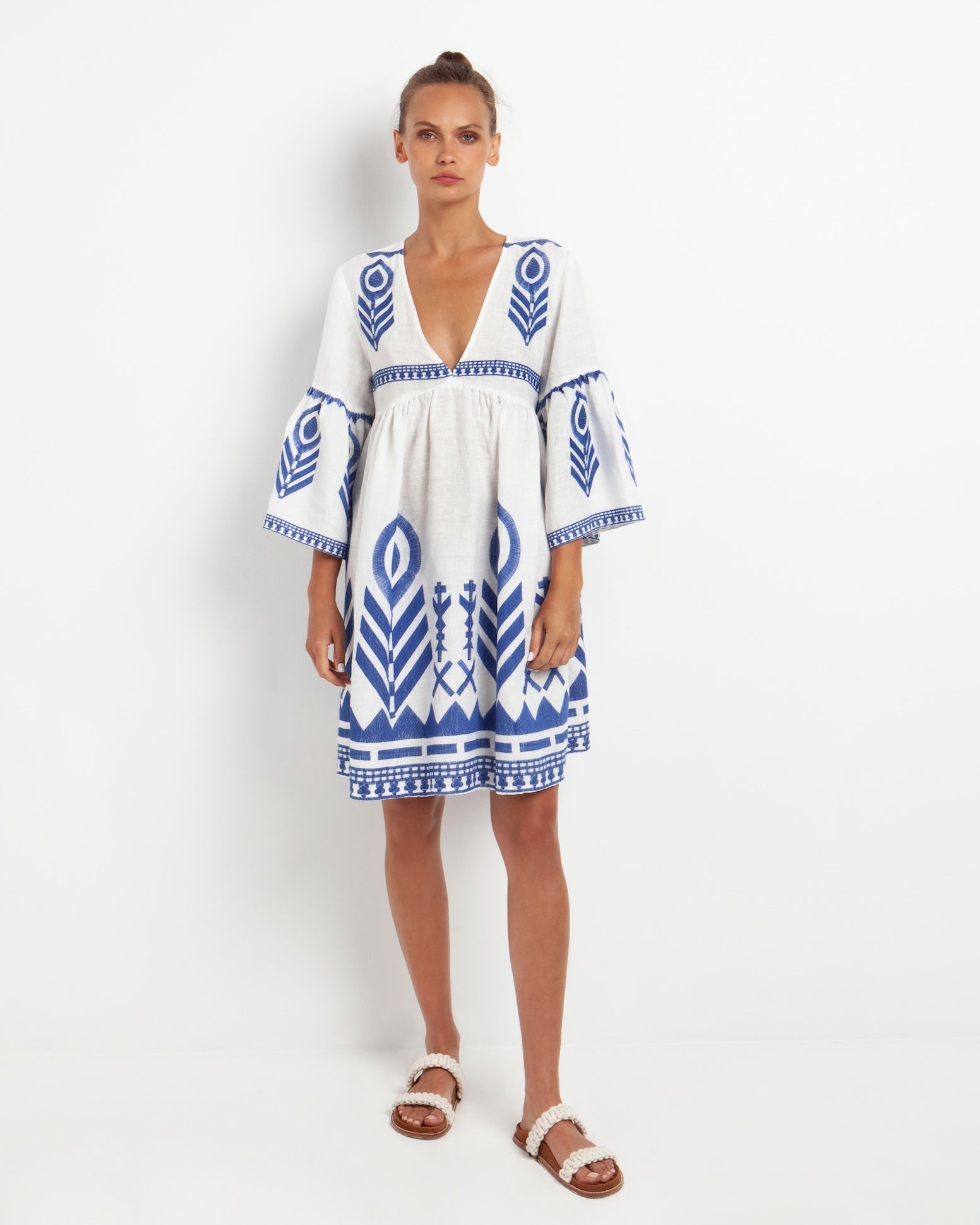Greek Archaic Kori Short Feather Bell Sleeve Dress | White & Blue Pasha Living Greek Archaic Kori Short Feather Bell Sleeve Dress | White & Blue Pasha Living