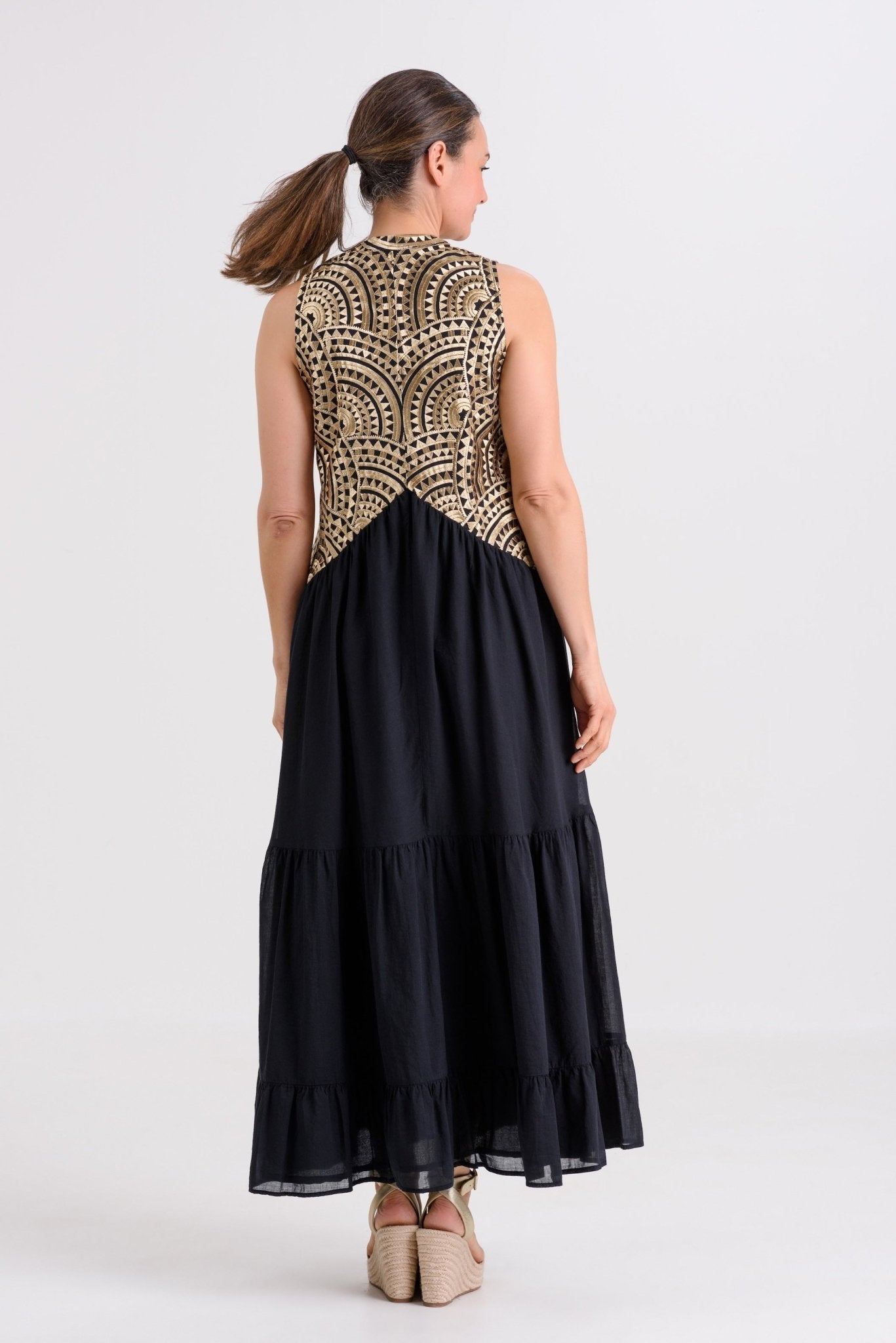 Greek Archaic Kori Sleeveless Voile Maxi Dress | Black & Gold. Available at Pasha Living