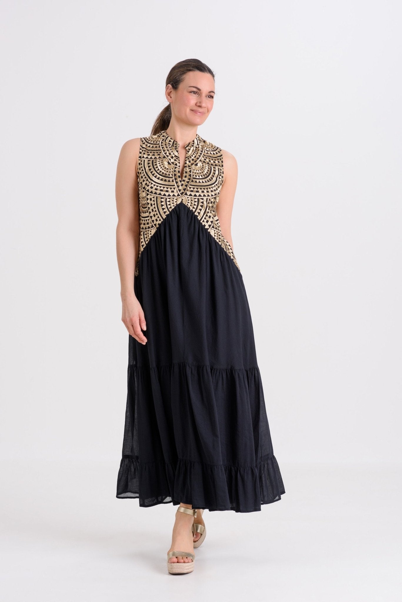 Greek Archaic Kori Sleeveless Voile Maxi Dress | Black & Gold. Available at Pasha Living