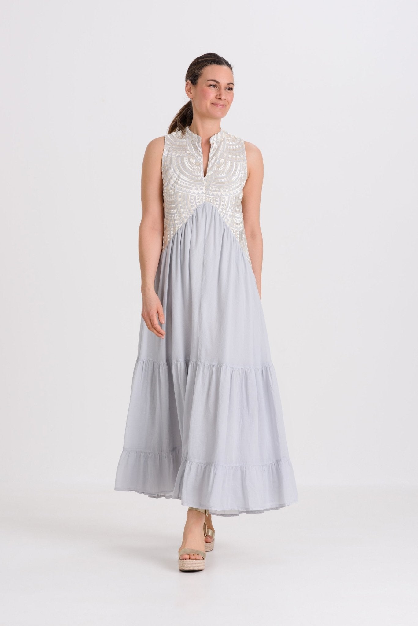 Greek Archaic Kori Sleeveless Voile Maxi Dress | Light Grey & Champagne. Available at Pasha Living