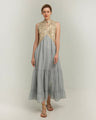 Greek Archaic Kori Sleeveless Voile Maxi Dress | Light Grey & Gold. Available at Pasha Living