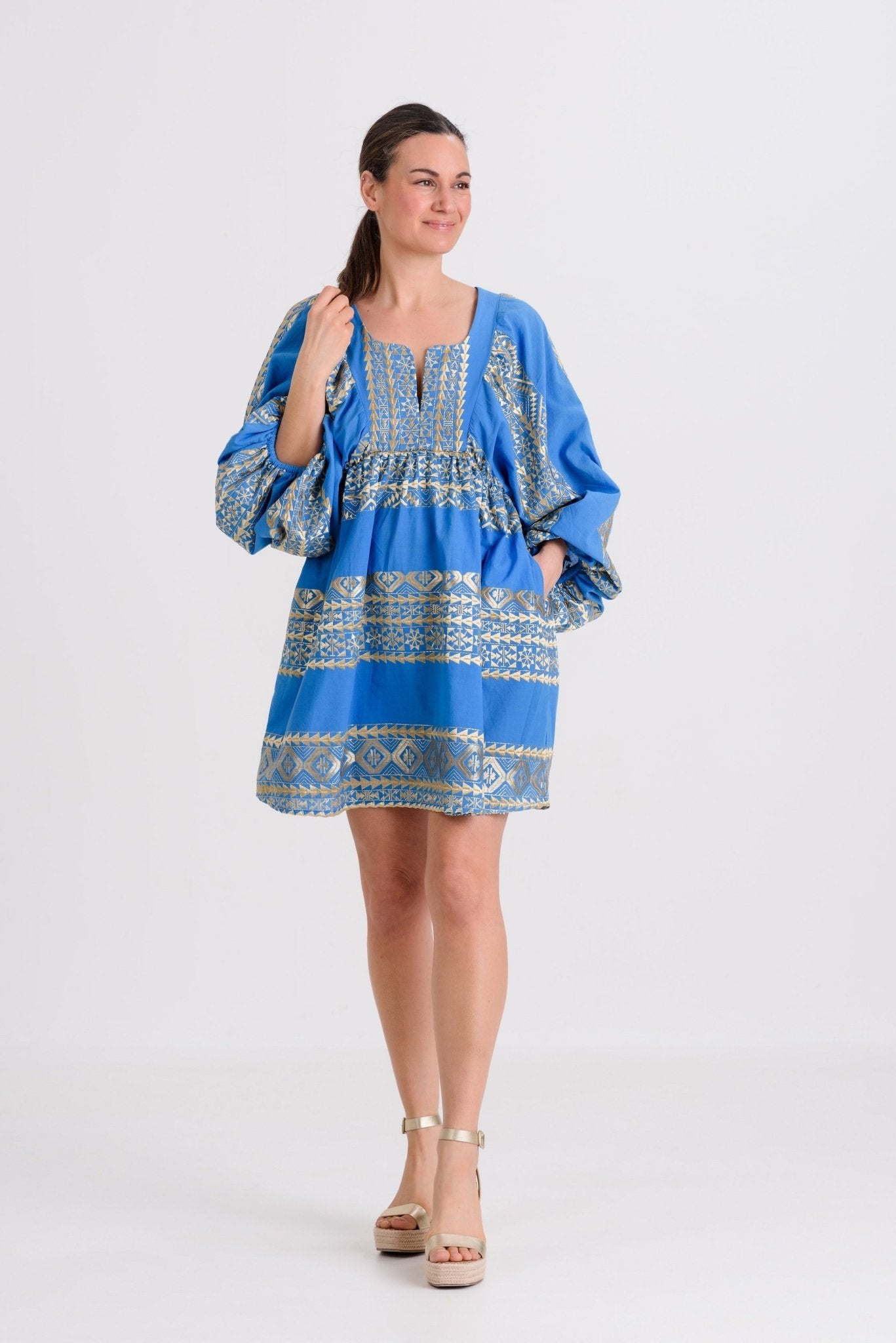 Greek Archaic Kori Triangle Sleeved Mini Dress | Blue & Gold. Available at Pasha Living