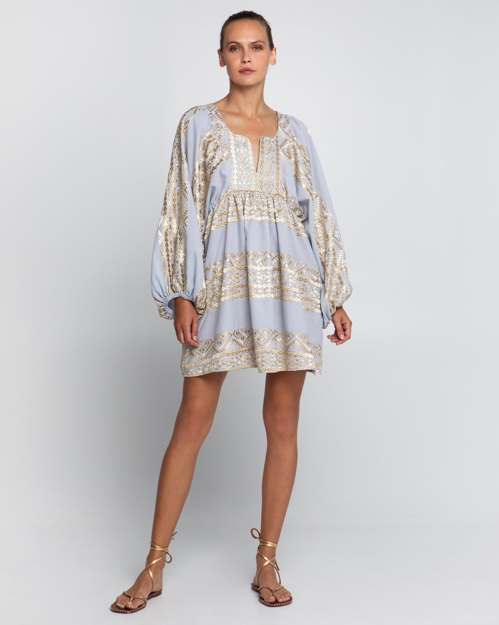 Greek Archaic Kori Triangle Sleeved Mini Dress | Grey & Gold Pasha Living Greek Archaic Kori Triangle Sleeved Mini Dress | Grey & Gold Pasha Living