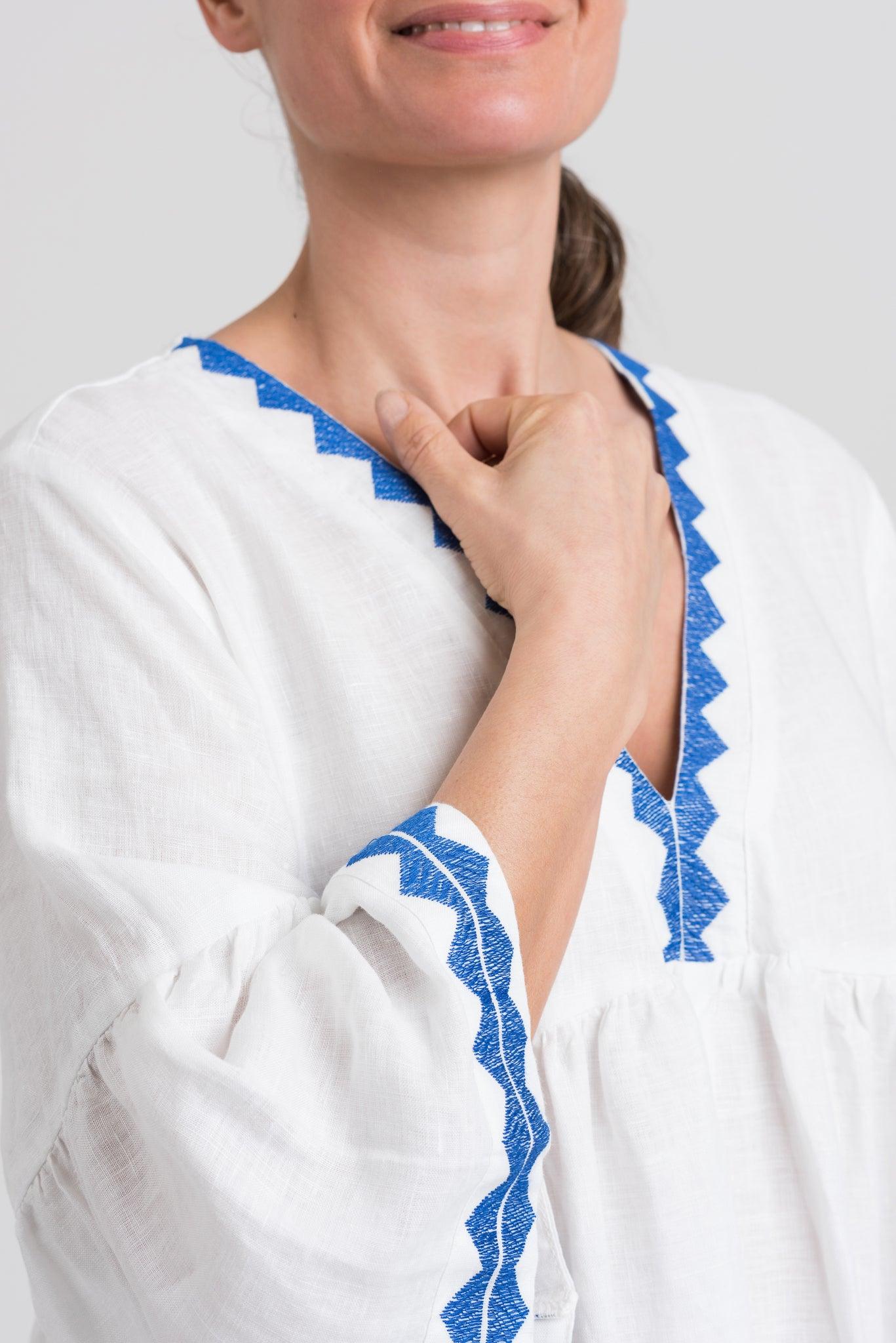 GREEK ARCHAIC KORI | Long linen Dress, Bell Sleeves White & Blue - Pasha Living 