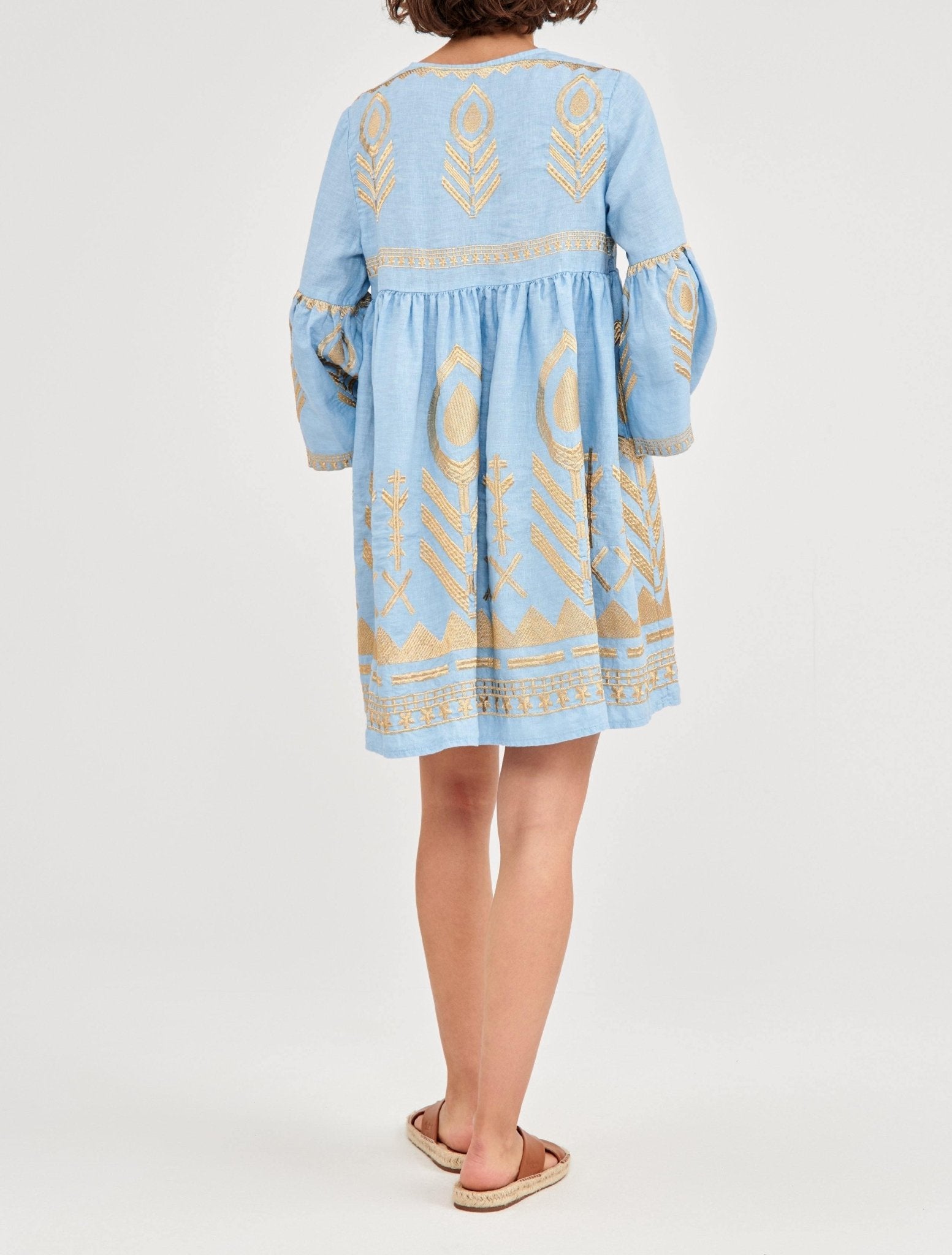 Greek Archaic Kori Light Blue & Gold Feather Embroidered Dress. Available at Pasha Living