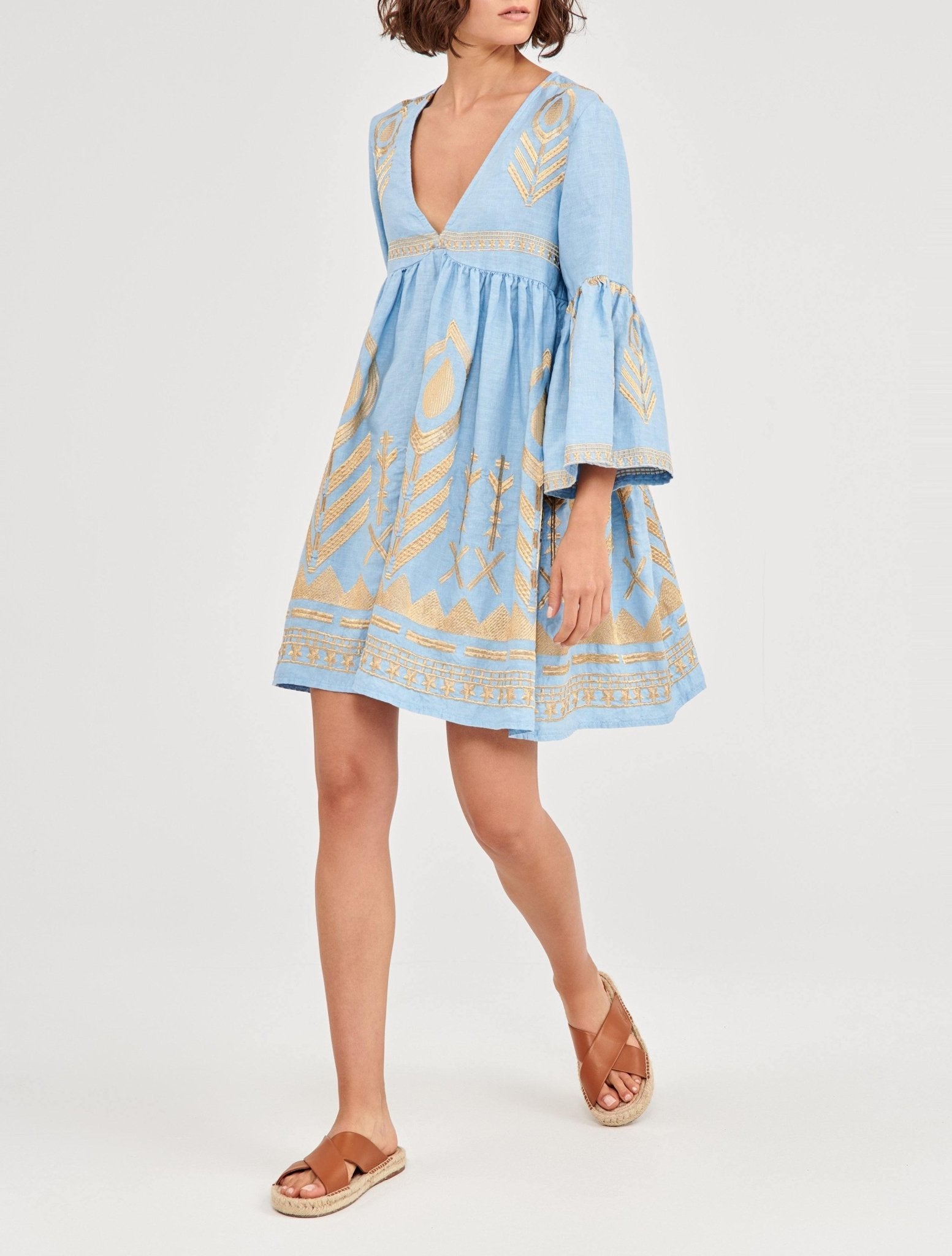 Greek Archaic Kori Light Blue & Gold Feather Embroidered Dress. Available at Pasha Living