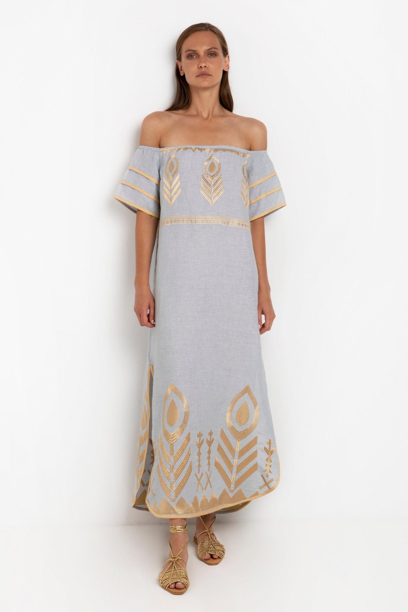 Greek Archaic Kori Off The Shoulder Linen Maxi Dress | Grey & Gold. Available at Pasha Living