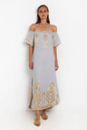 Greek Archaic Kori Off The Shoulder Linen Maxi Dress | Grey & Gold. Available at Pasha Living