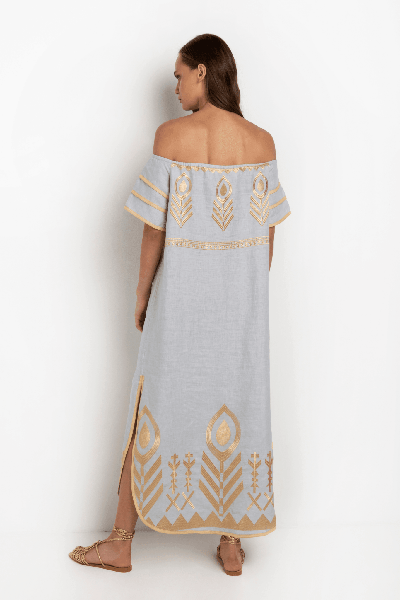 Greek Archaic Kori Off The Shoulder Linen Maxi Dress | Grey & Gold. Available at Pasha Living