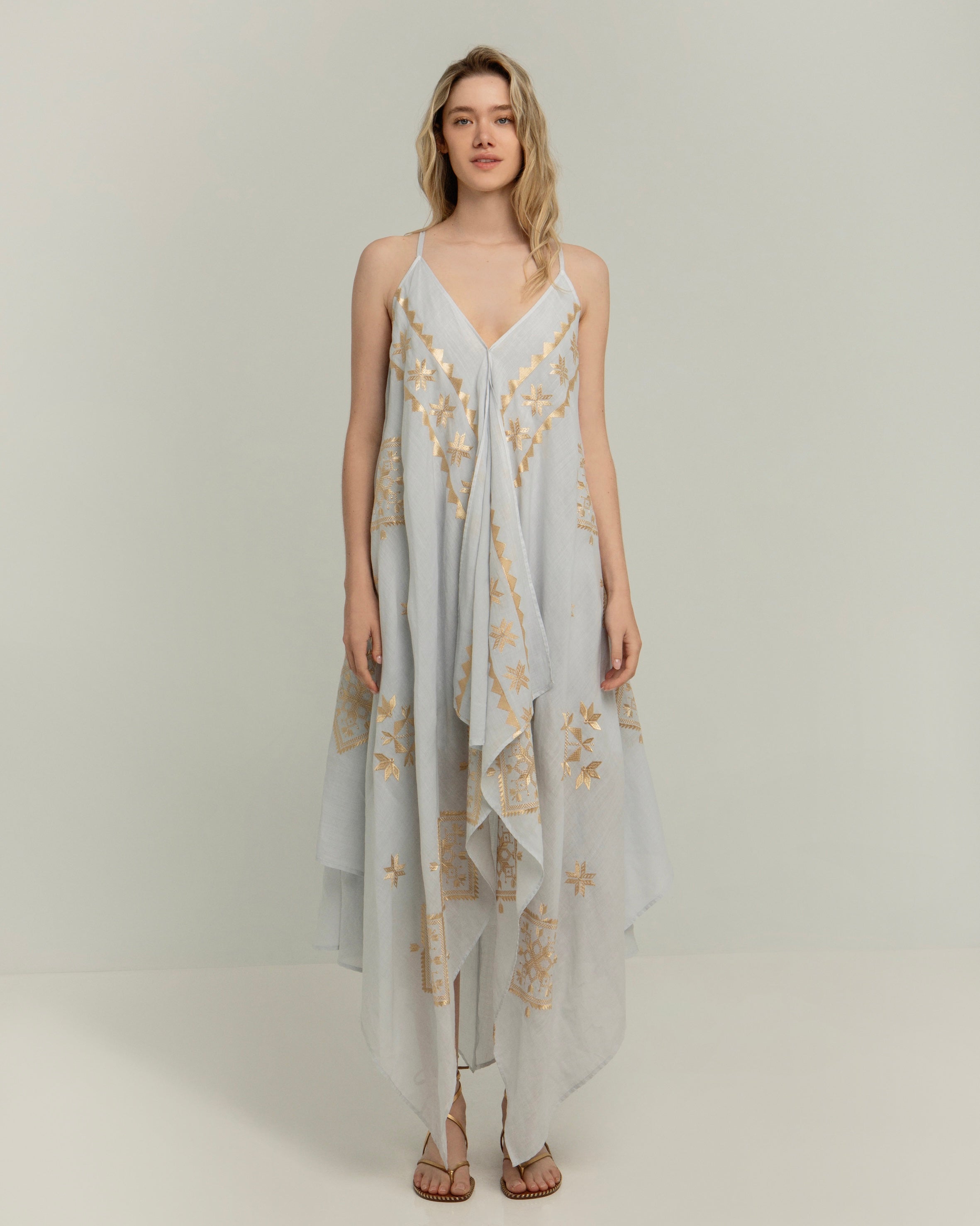 Kori Asymmetrical Lefkada Dress | Light Grey & Gold