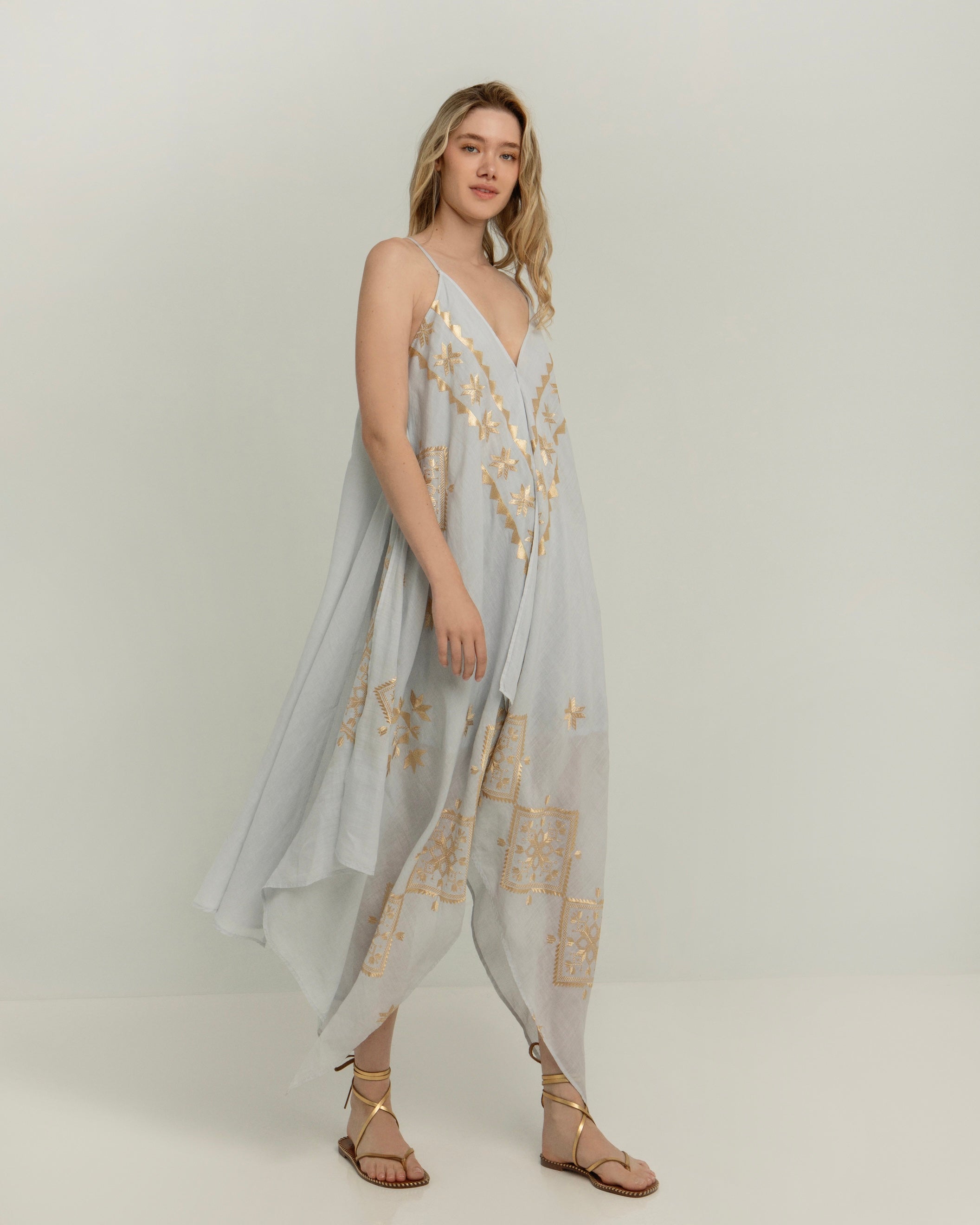 Kori Asymmetrical Lefkada Dress | Light Grey & Gold