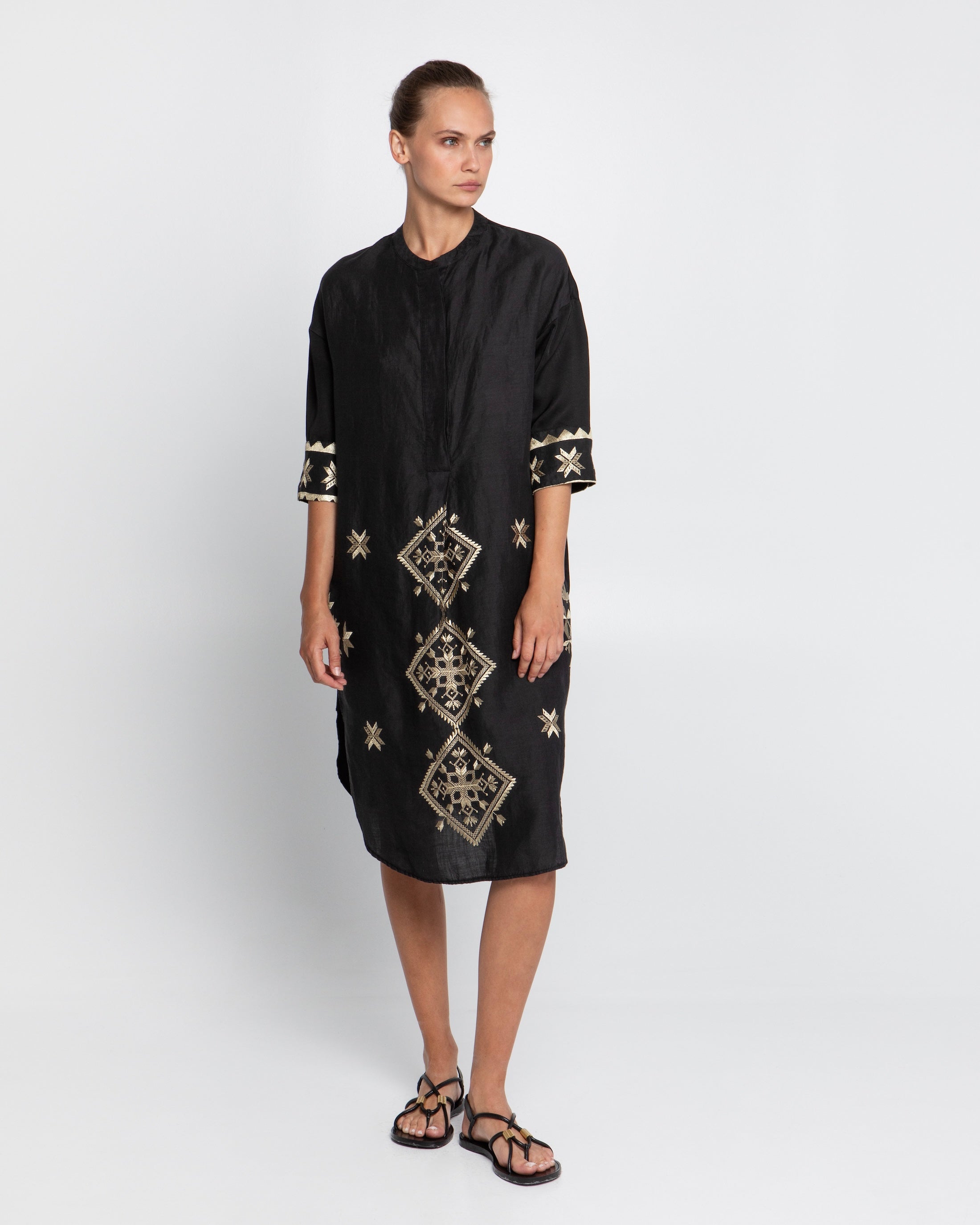 Greek Archaic Kori Black Embroidered Tunic Dress