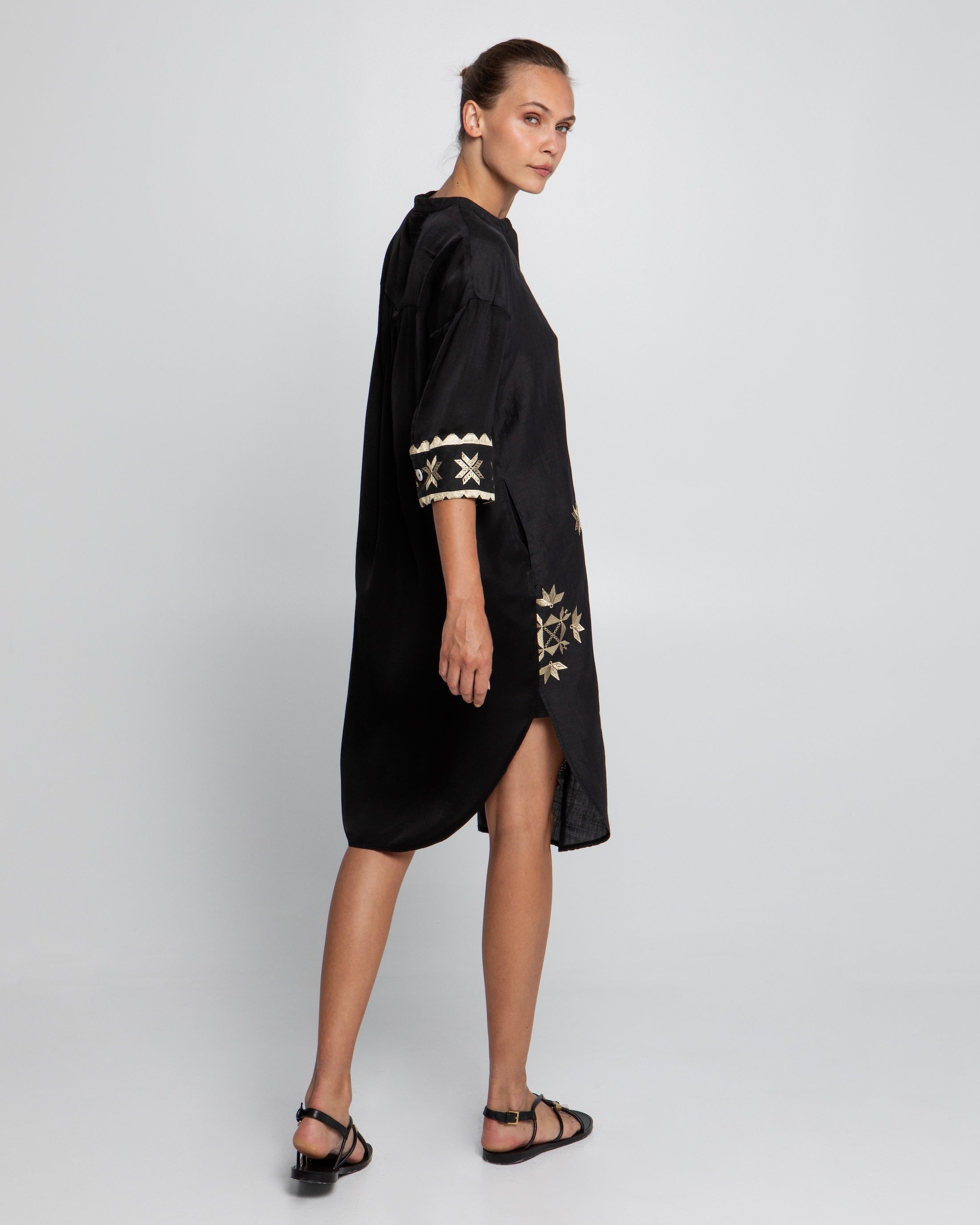 Greek Archaic Kori Black Embroidered Tunic Dress