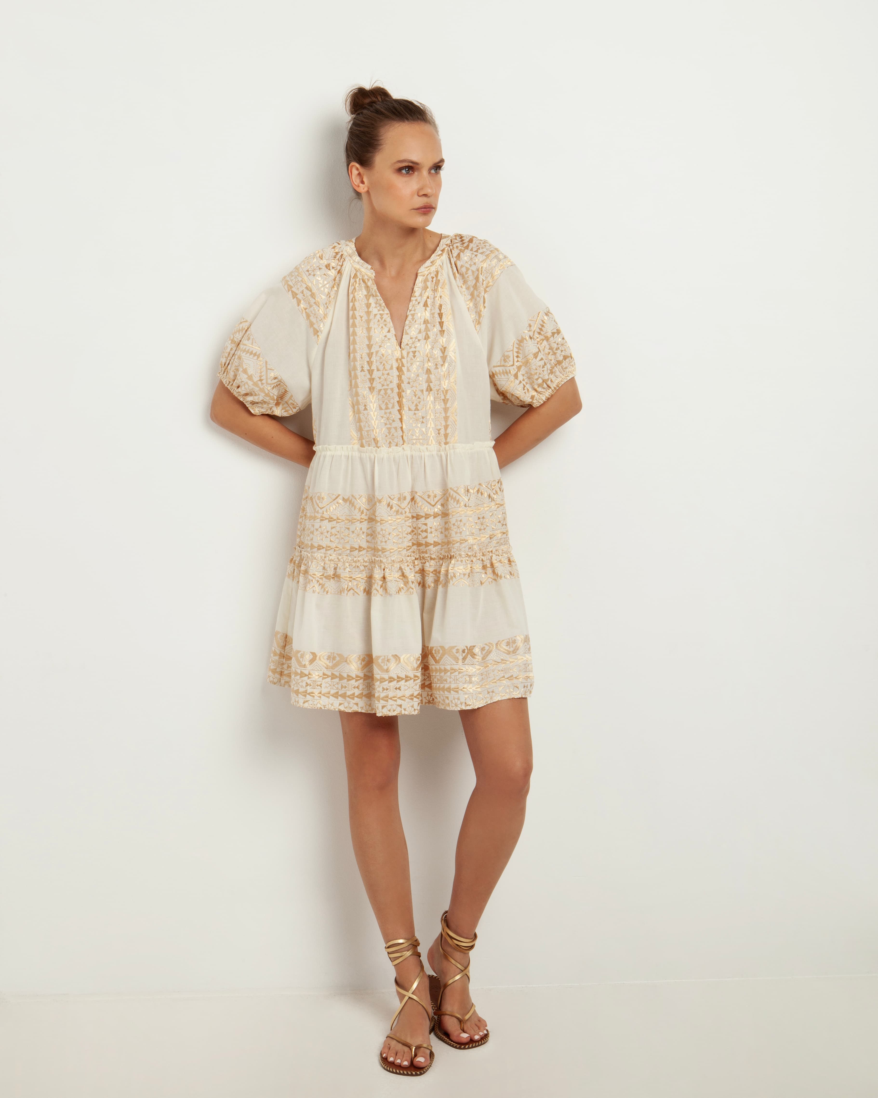 Greek Archaic Kori White and gold short dress