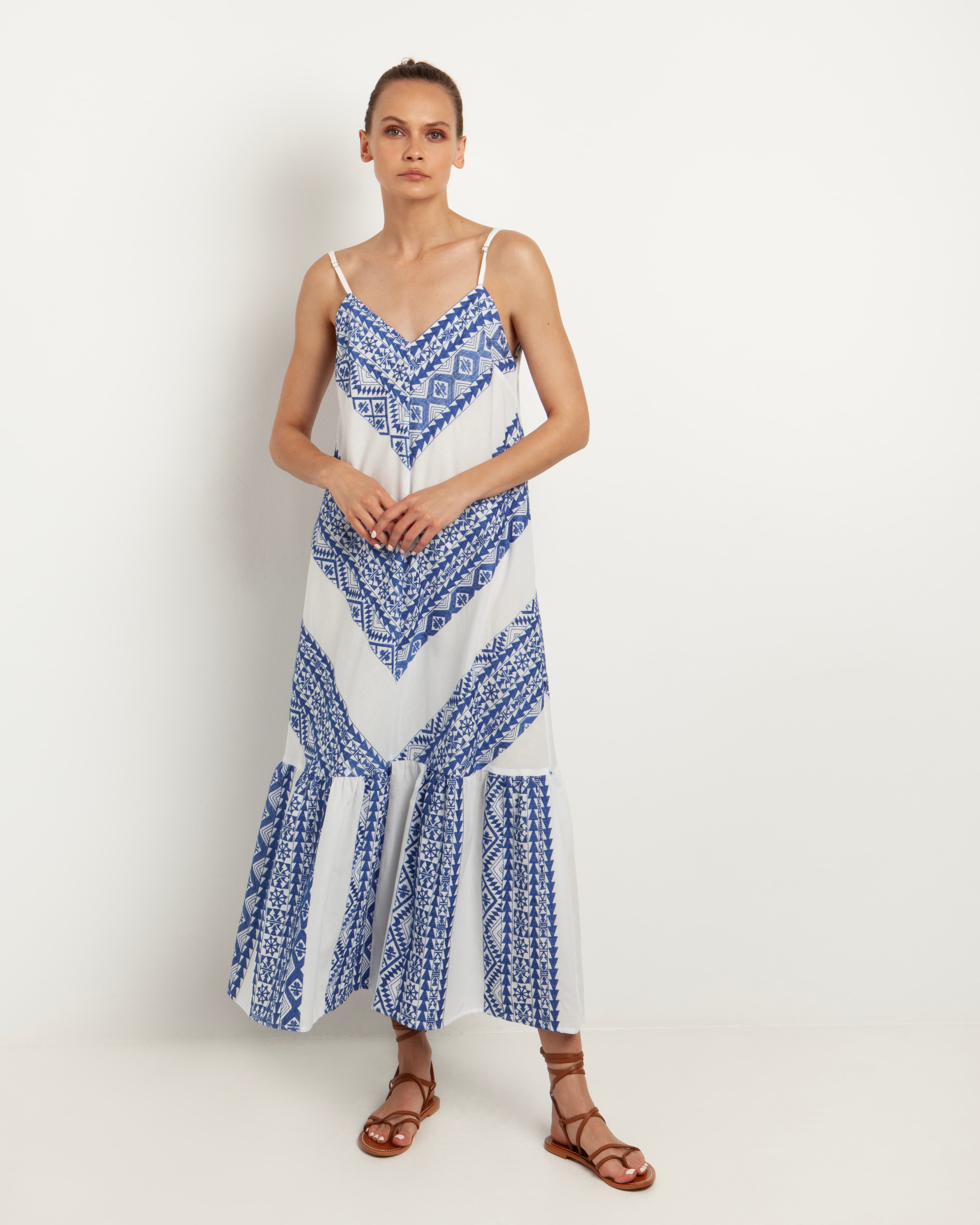 Greek Archaic Kori White and blue long summer dress