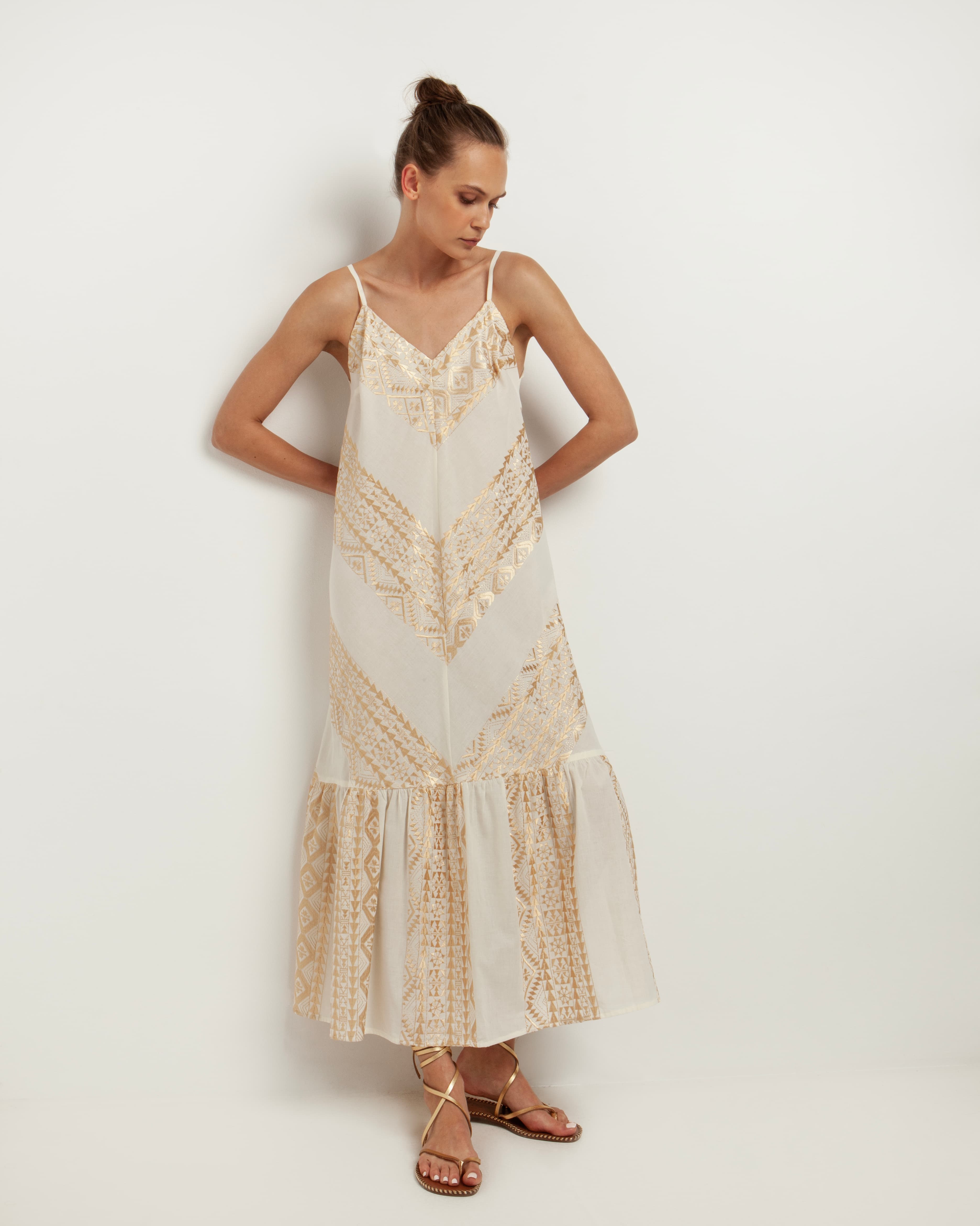 Greek Archaic Kori White and gold long summer dress