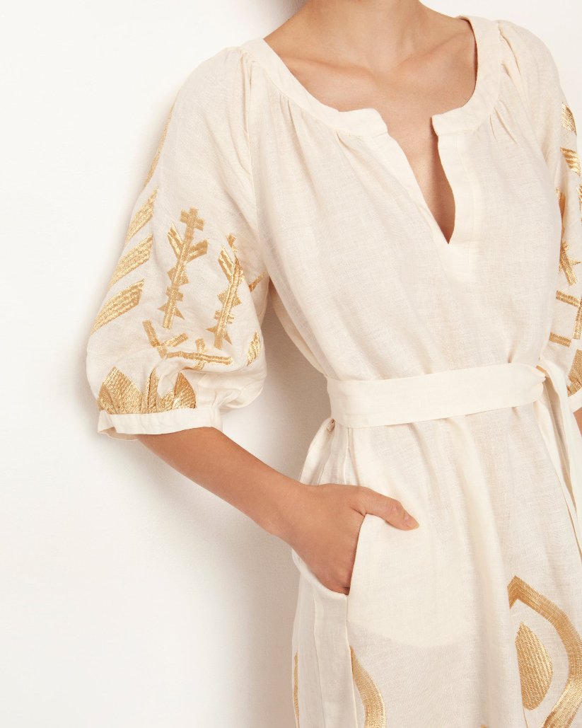 Greek Archaic Kori Long White belted Linen Dress