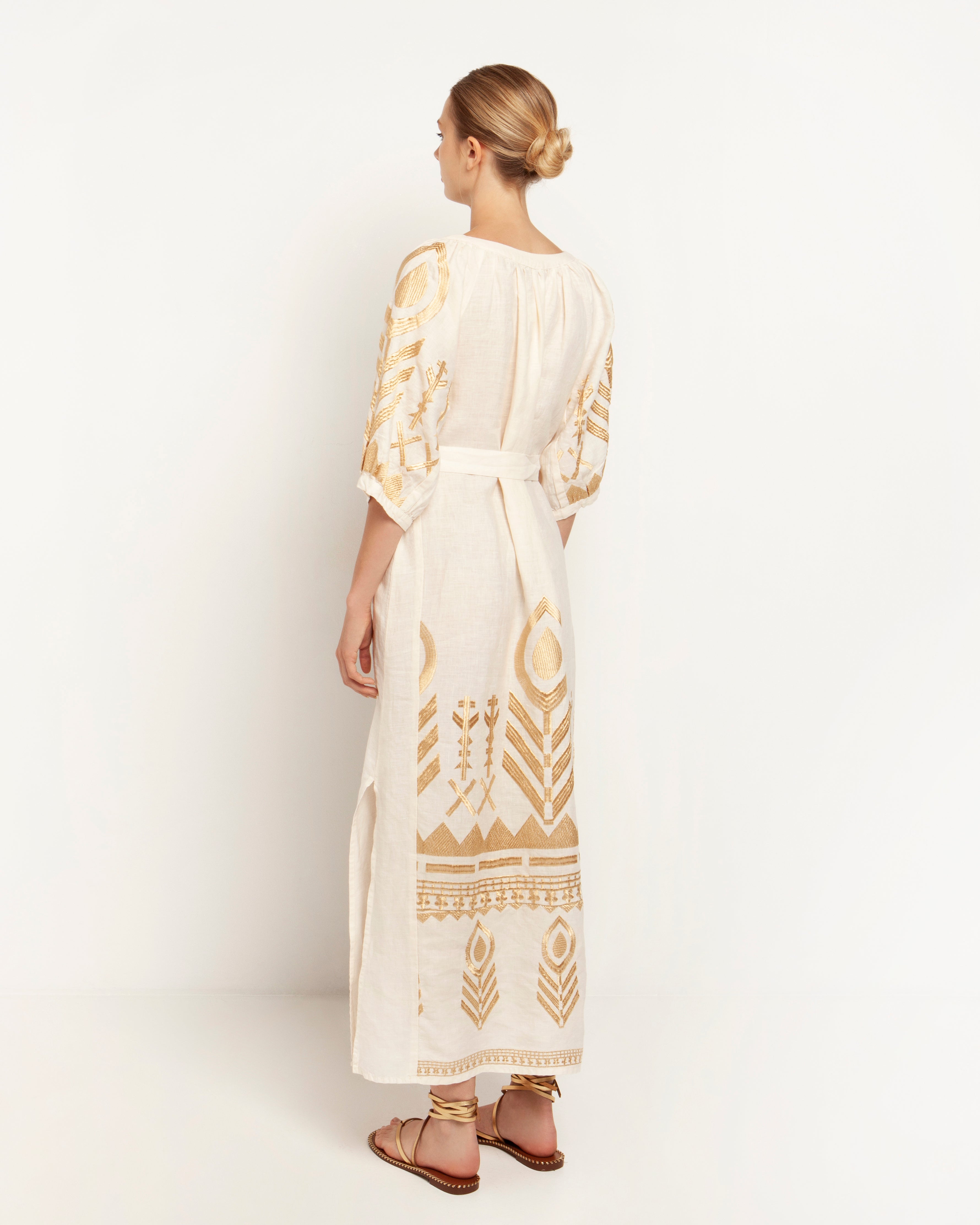 Greek Archaic Kori Long White belted Linen Dress