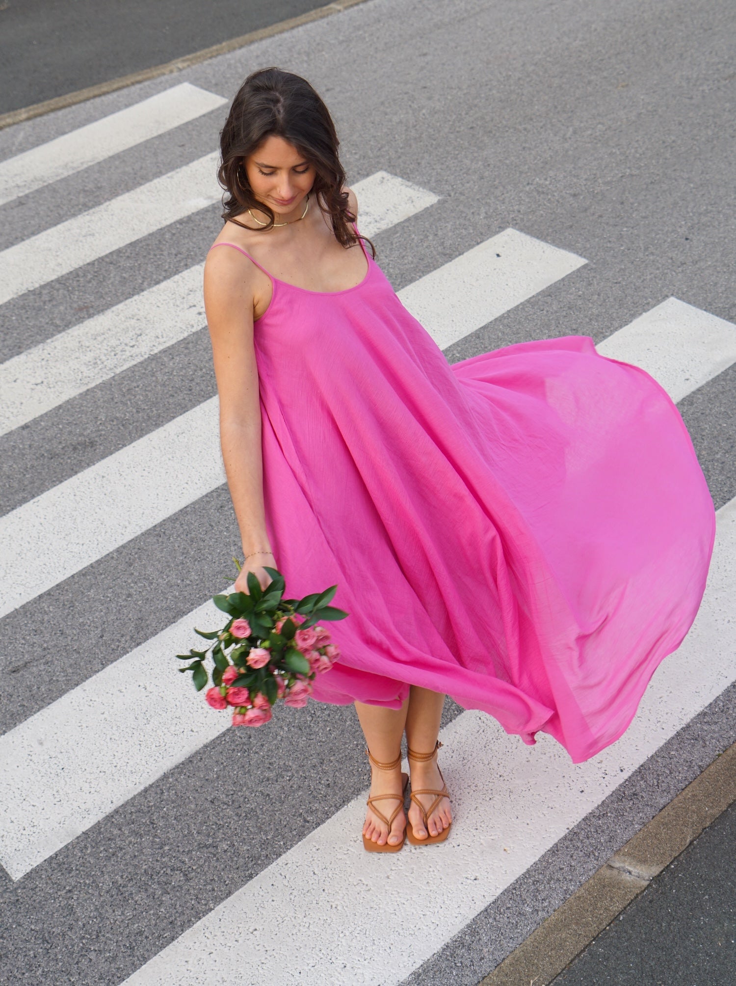 Pink Floaty Cotton Maxi Dress with spaghetti straps