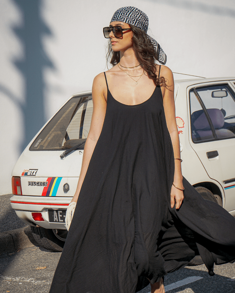 Black Floaty Cotton Maxi Dress with spaghetti straps