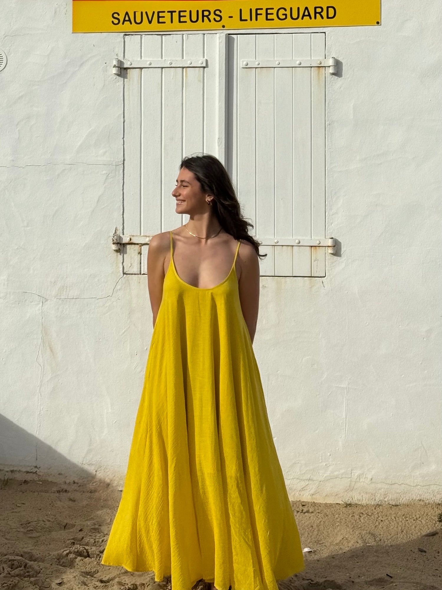 Yellow Floaty Cotton Maxi Dress with spaghetti straps