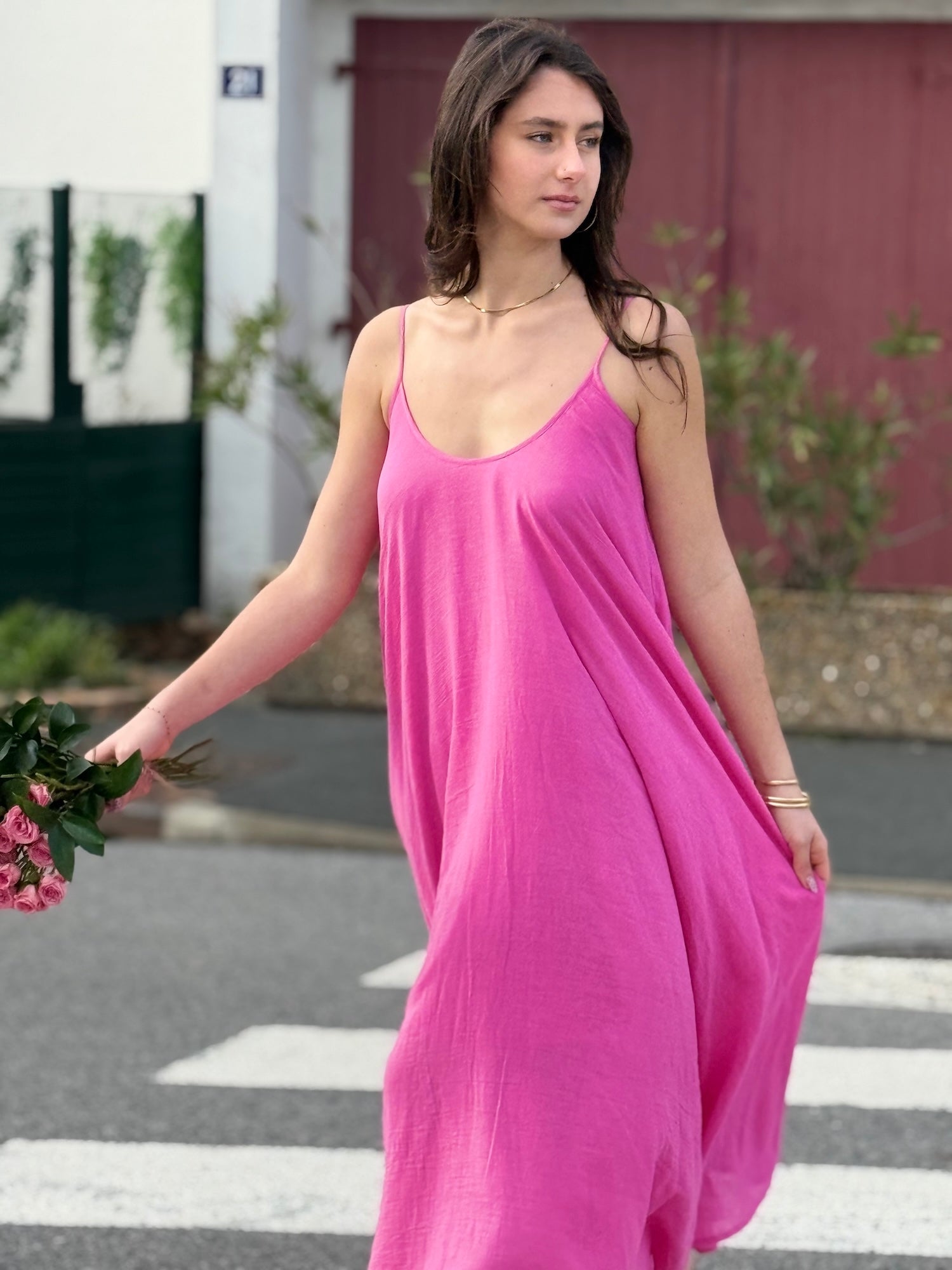 Pink Floaty Cotton Maxi Dress with spaghetti straps