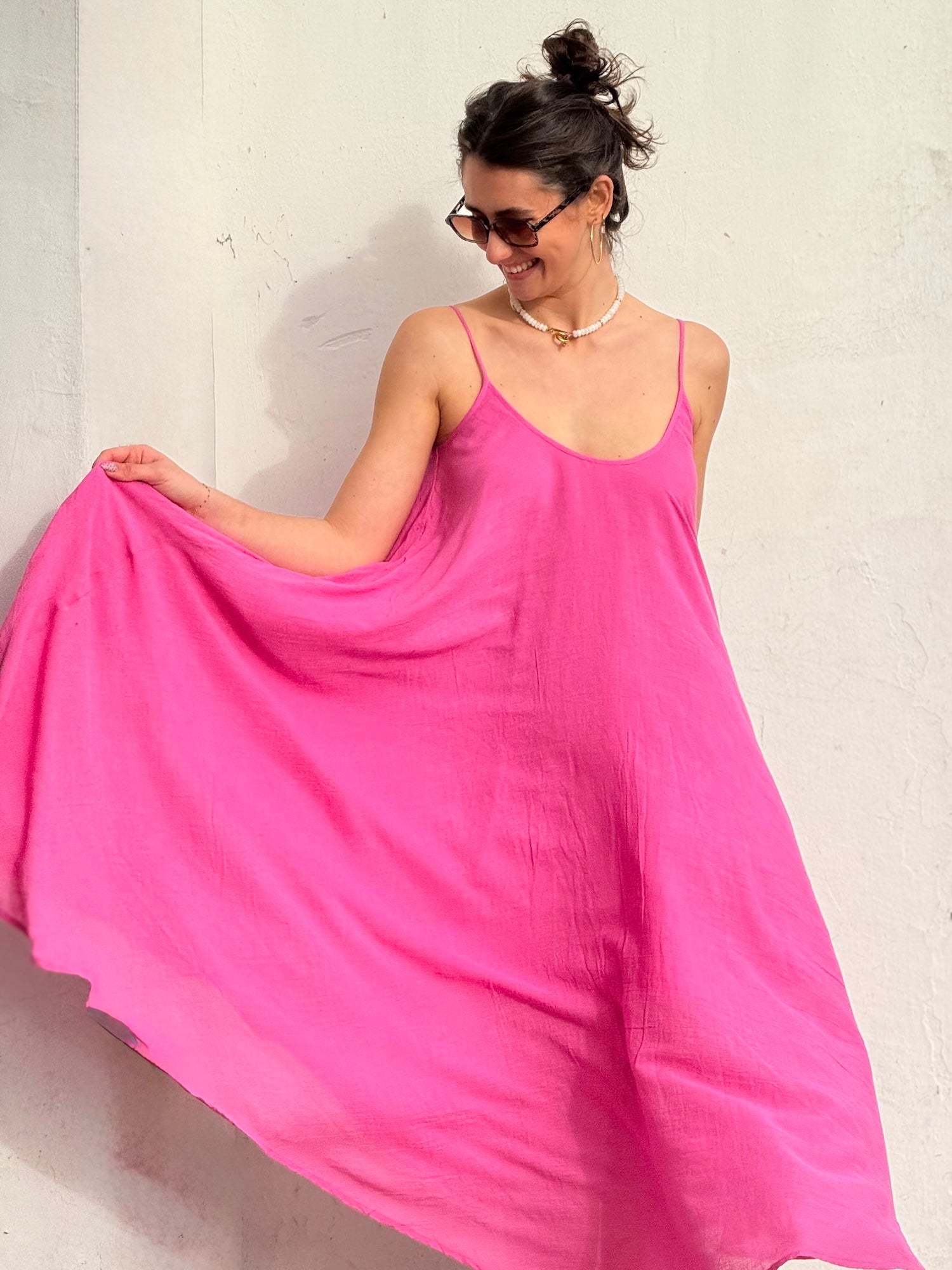 Pink Floaty Cotton Maxi Dress with spaghetti straps