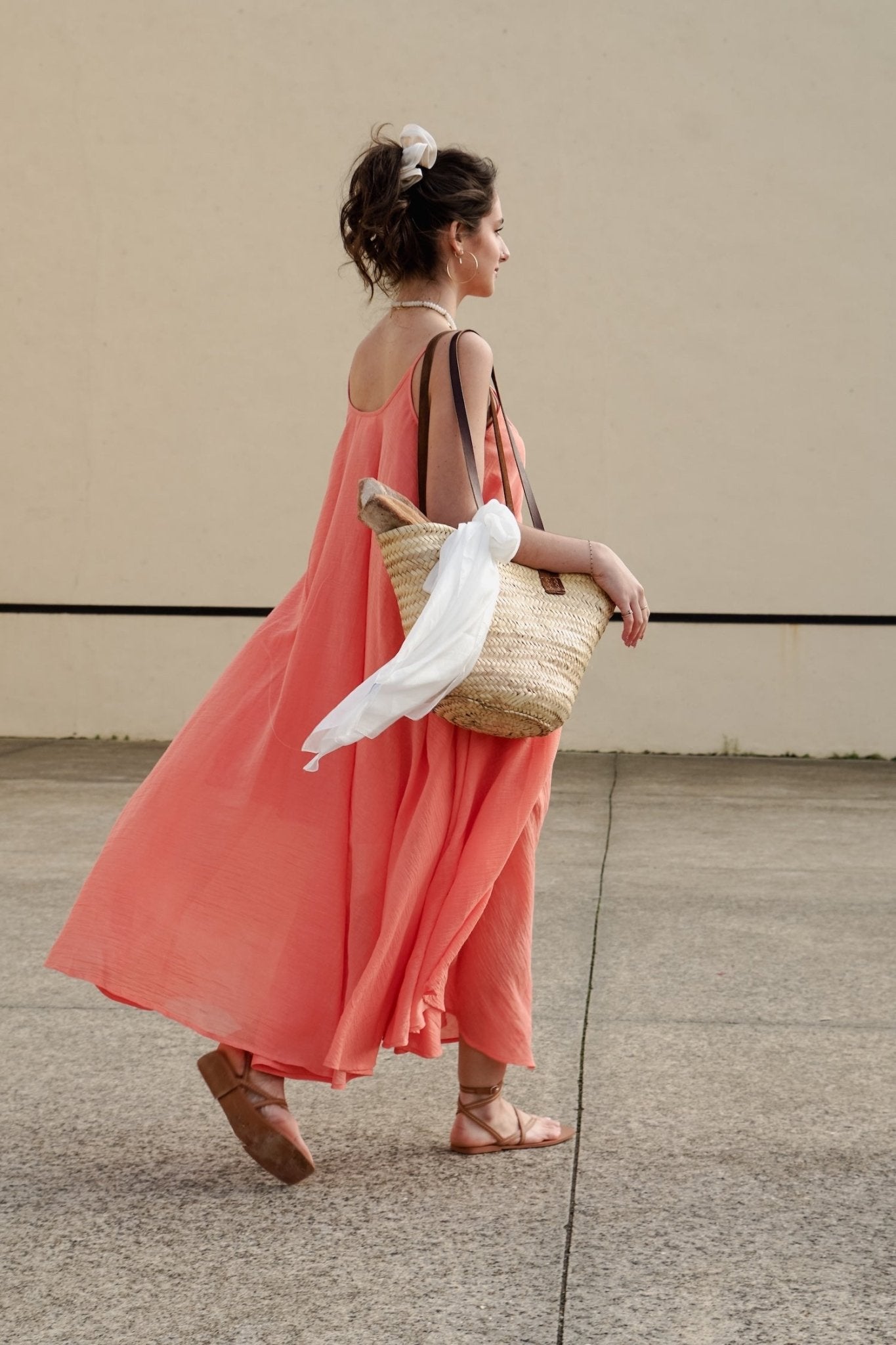 Coral Floaty Cotton Maxi Dress with spaghetti straps