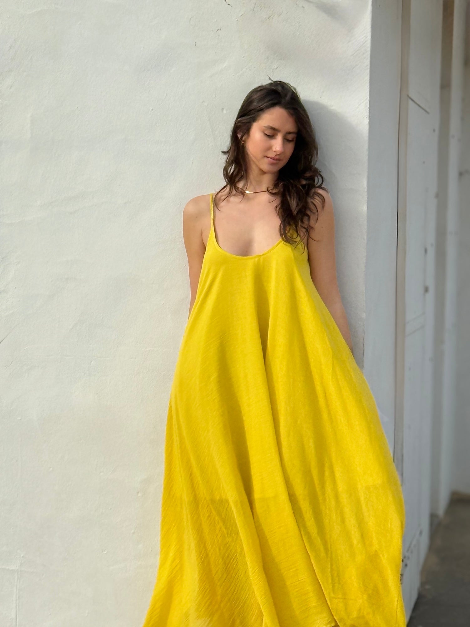 Yellow Floaty Cotton Maxi Dress with spaghetti straps