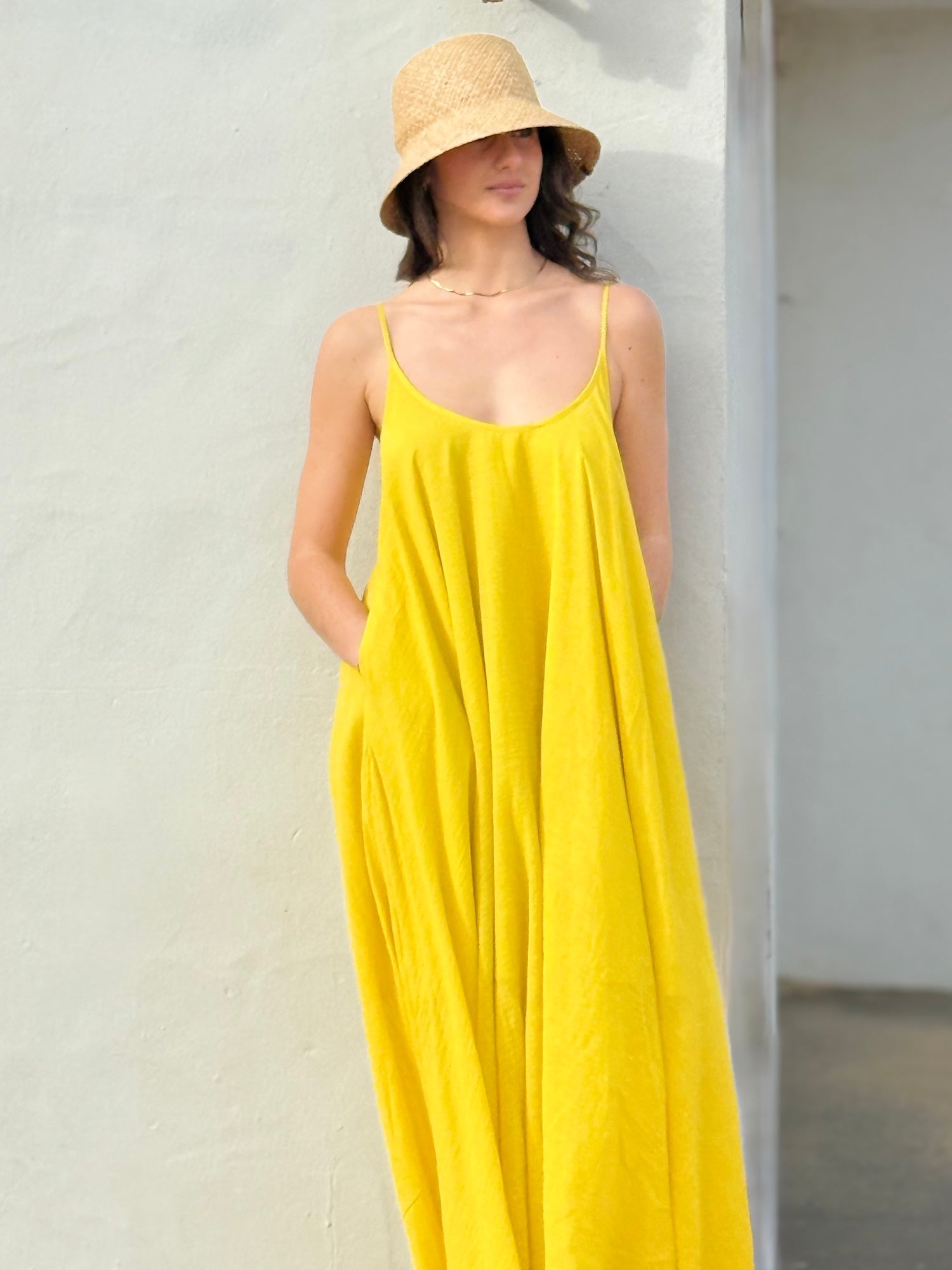 Yellow Floaty Cotton Maxi Dress with spaghetti straps