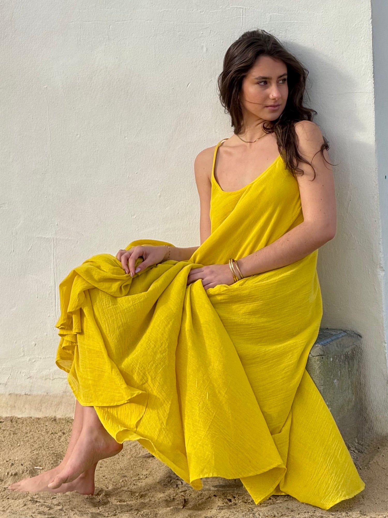 Yellow Floaty Cotton Maxi Dress with spaghetti straps