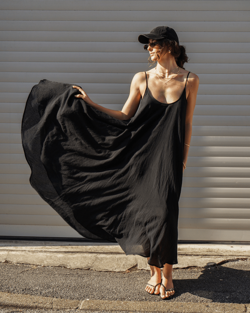 Black Floaty Cotton Maxi Dress with spaghetti straps
