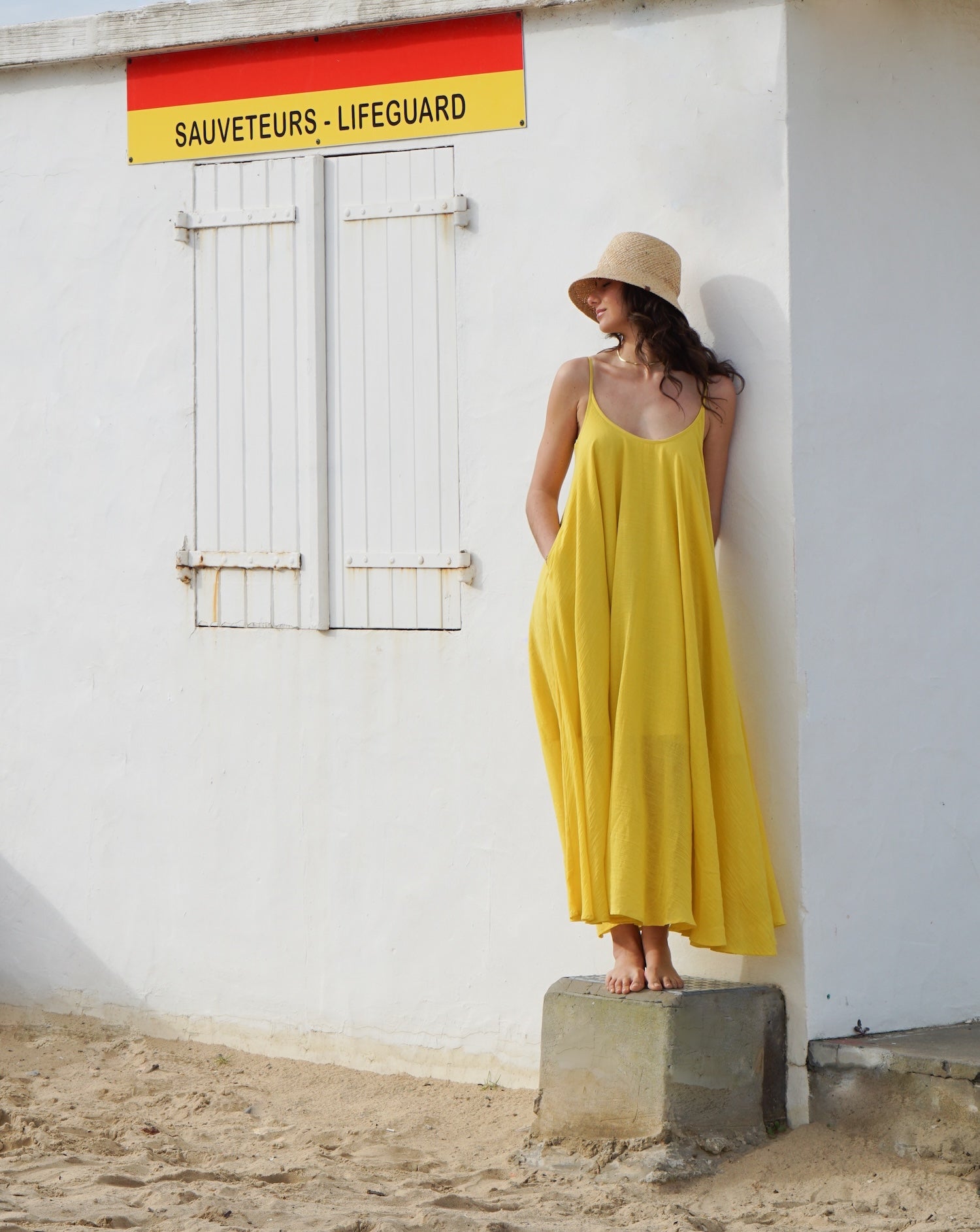 Yellow Floaty Cotton Maxi Dress with spaghetti straps