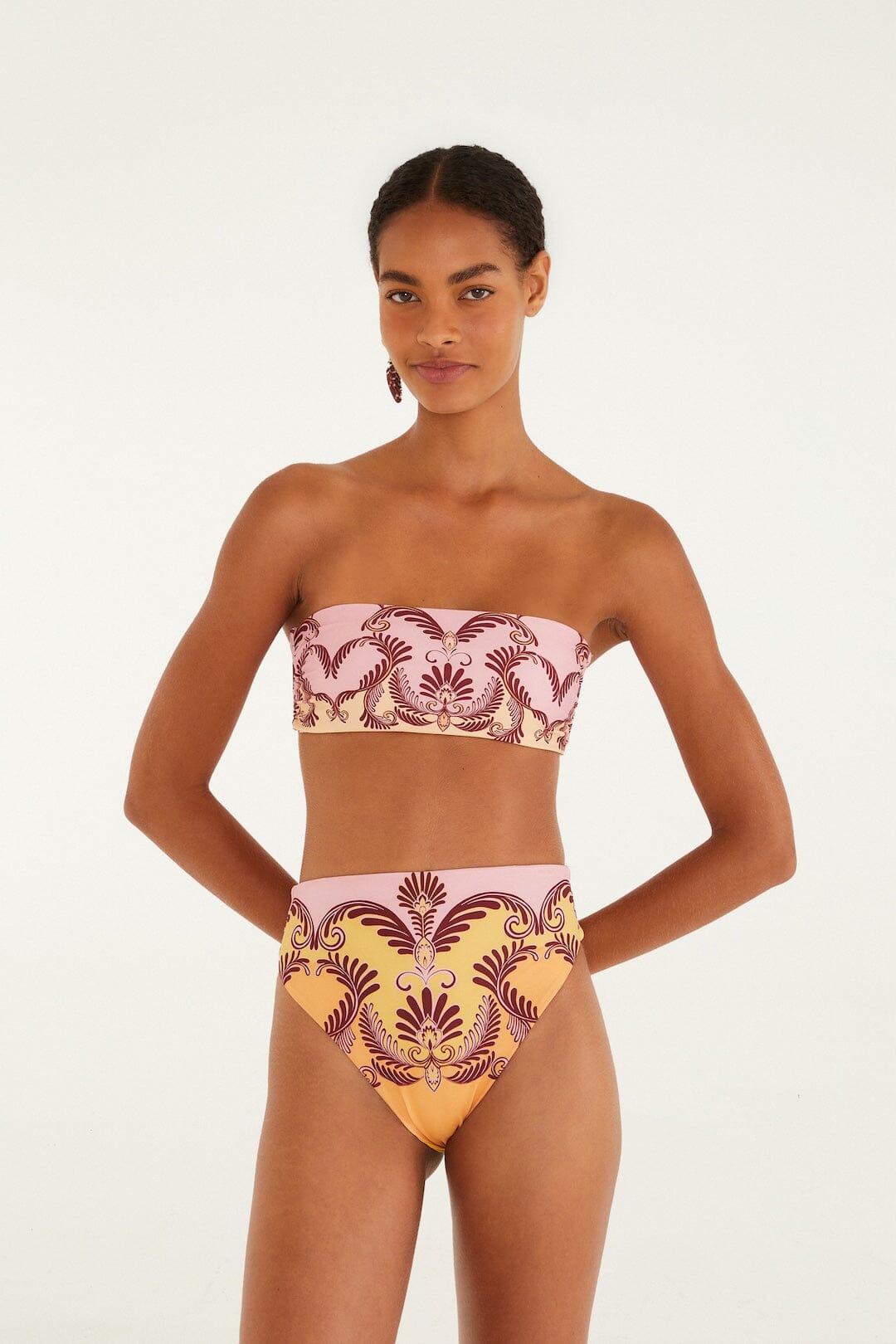Farm Rio Arabesc Soft Yellow Bandeau Bikini Top. Available at Pasha Living