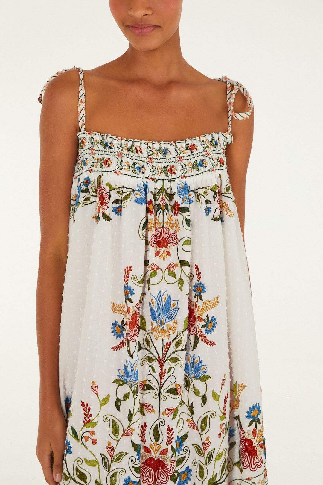 Farm Rio Off - White Stitched Garden Long Dress. Available at Pasha Living