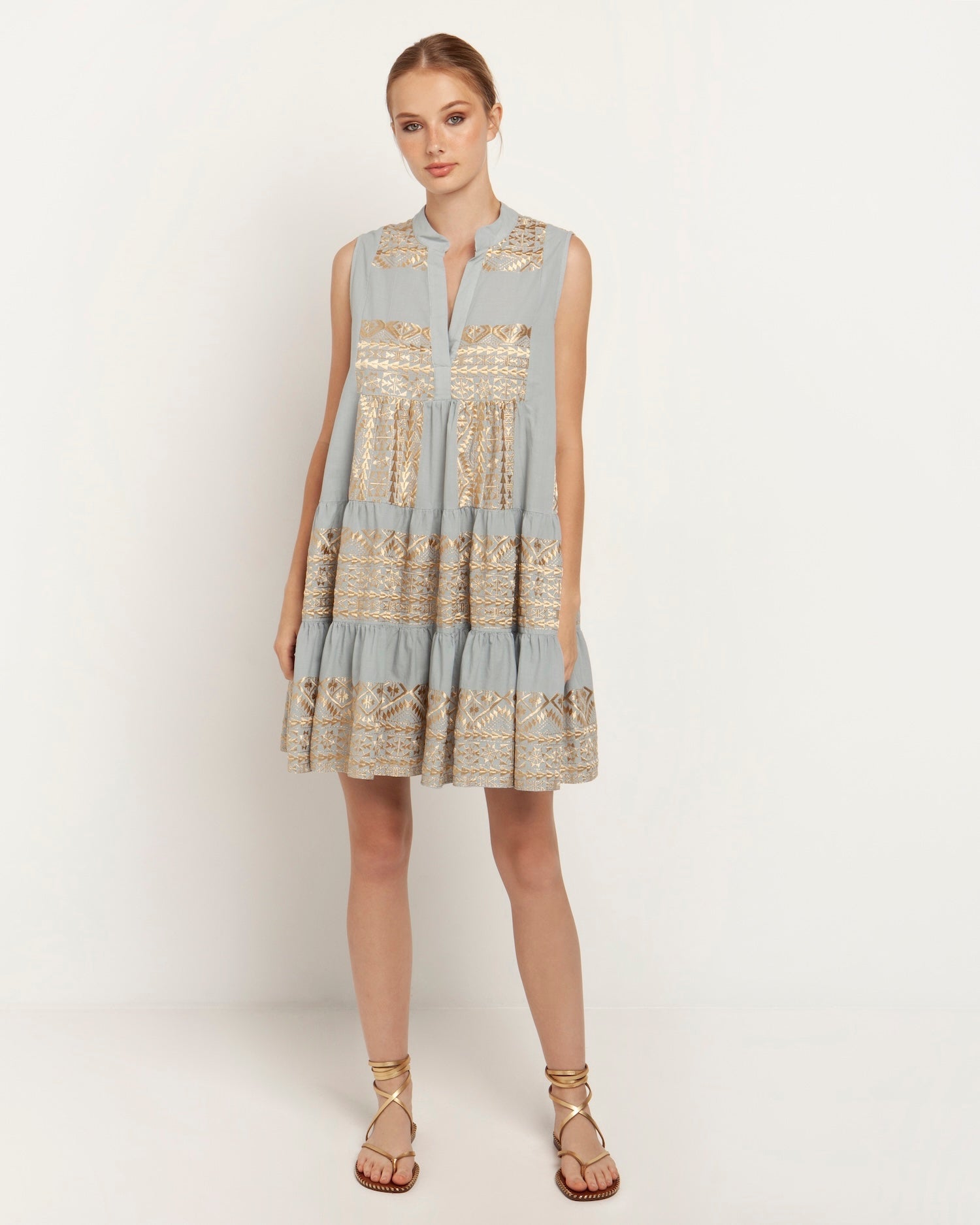 Greek Archaic Kori Classic Triangle Short Dress | Light Grey & Gold. Available at Pasha Living