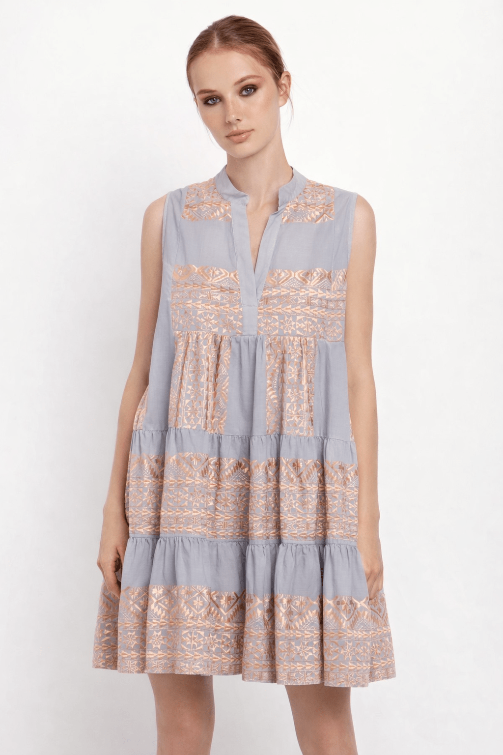 Greek Archaic Kori Classic Triangle Short Dress | Light Grey & Rose Gold. Available at Pasha Living
