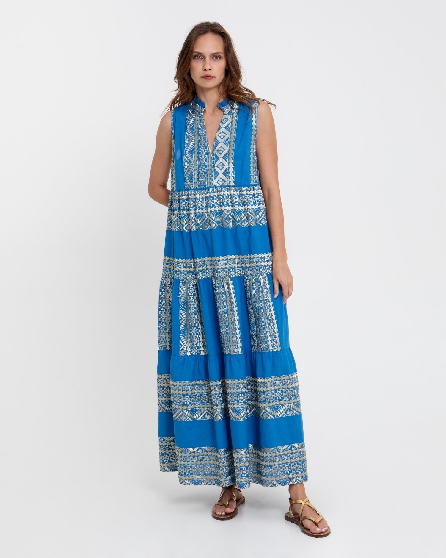 Greek Archaic Kori Cotton Maxi Dress | Blue & Gold. Available at Pasha Living