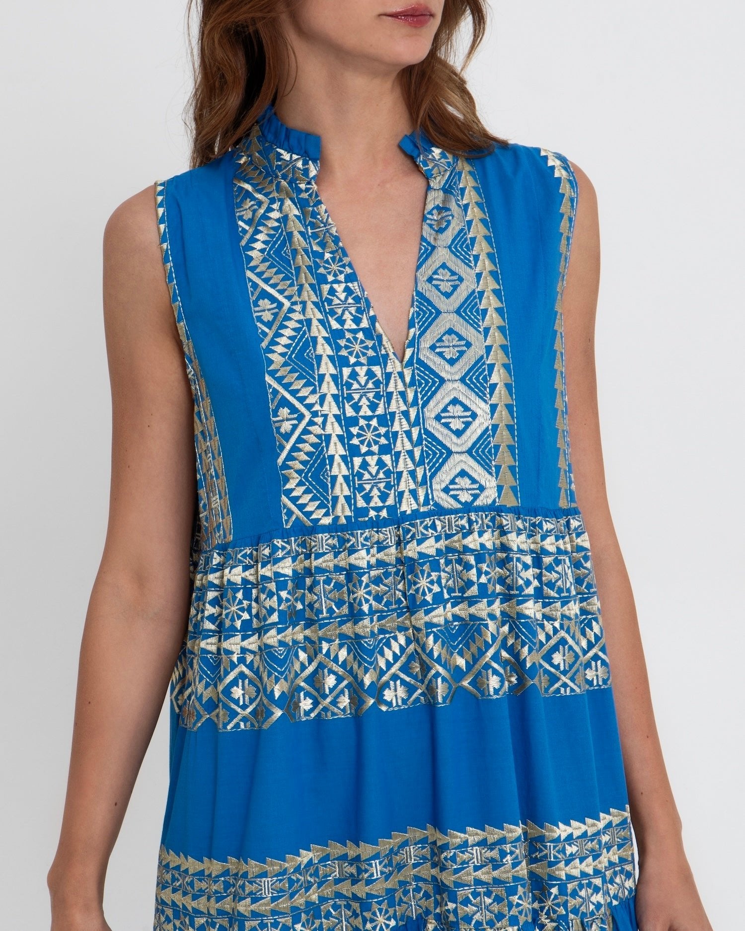 Greek Archaic Kori Cotton Maxi Dress | Blue & Gold. Available at Pasha Living