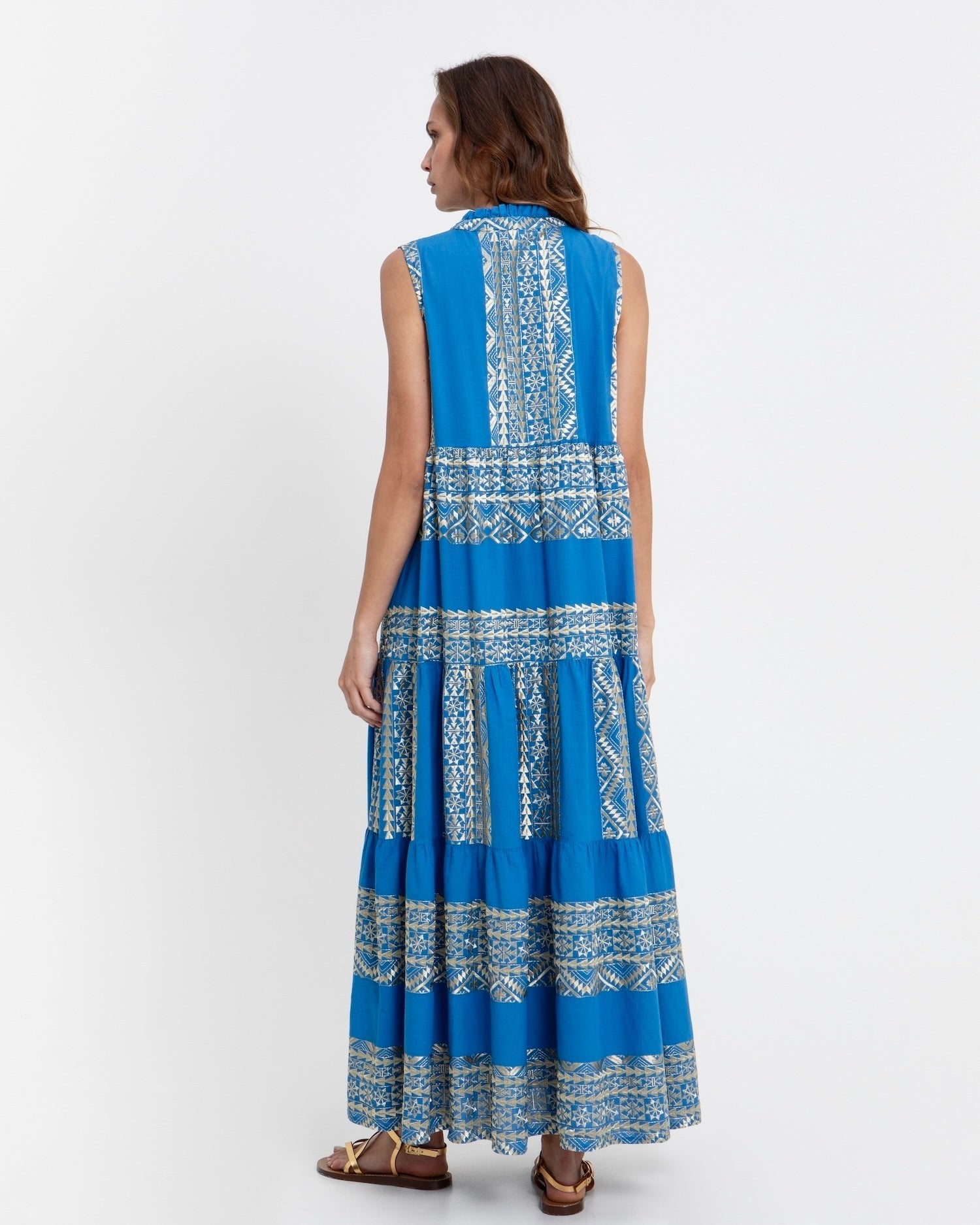 Greek Archaic Kori Cotton Maxi Dress | Blue & Gold. Available at Pasha Living