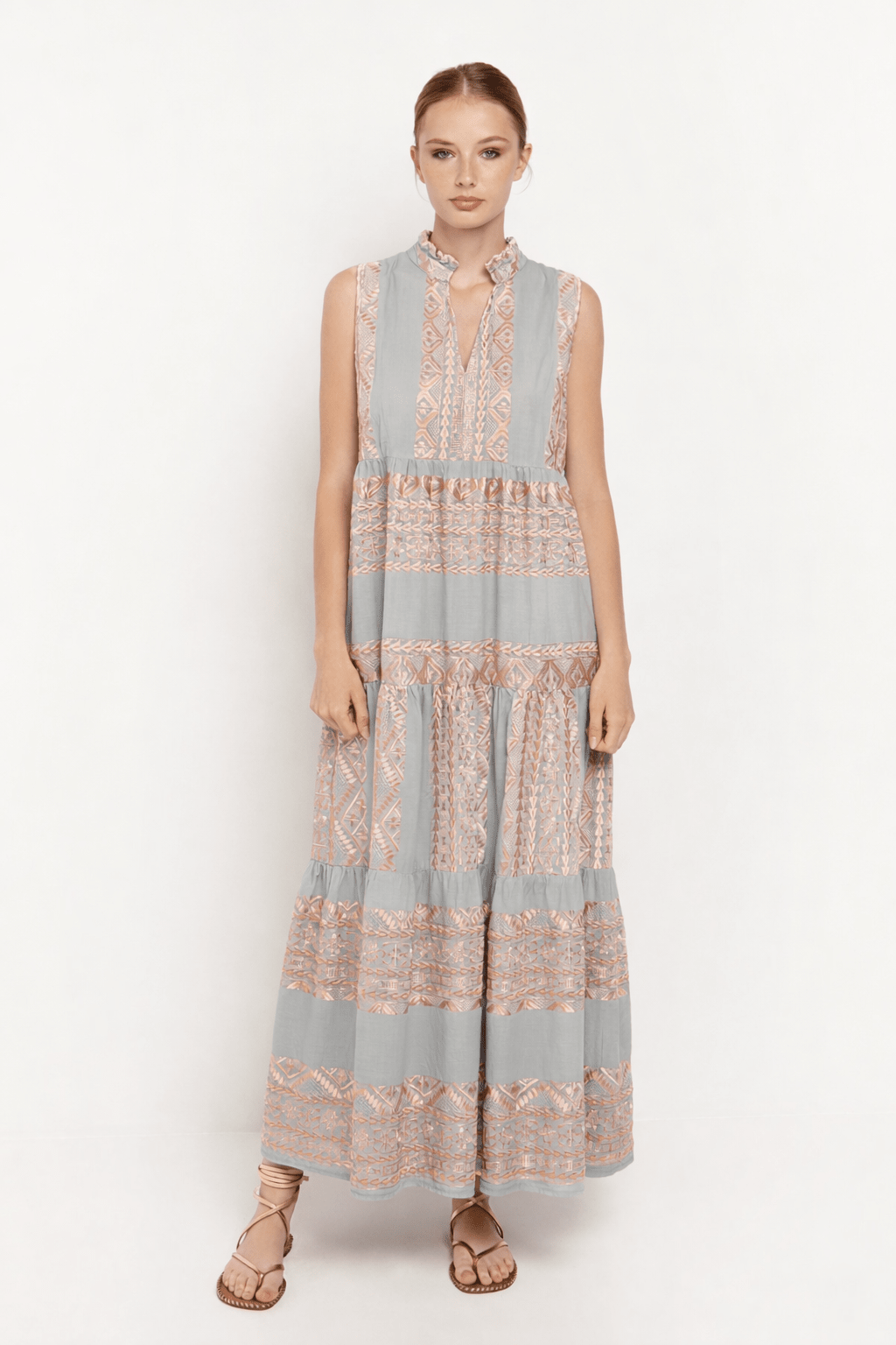 Greek Archaic Kori Cotton Maxi Dress | Light Grey & Rose Gold. Available at Pasha Living