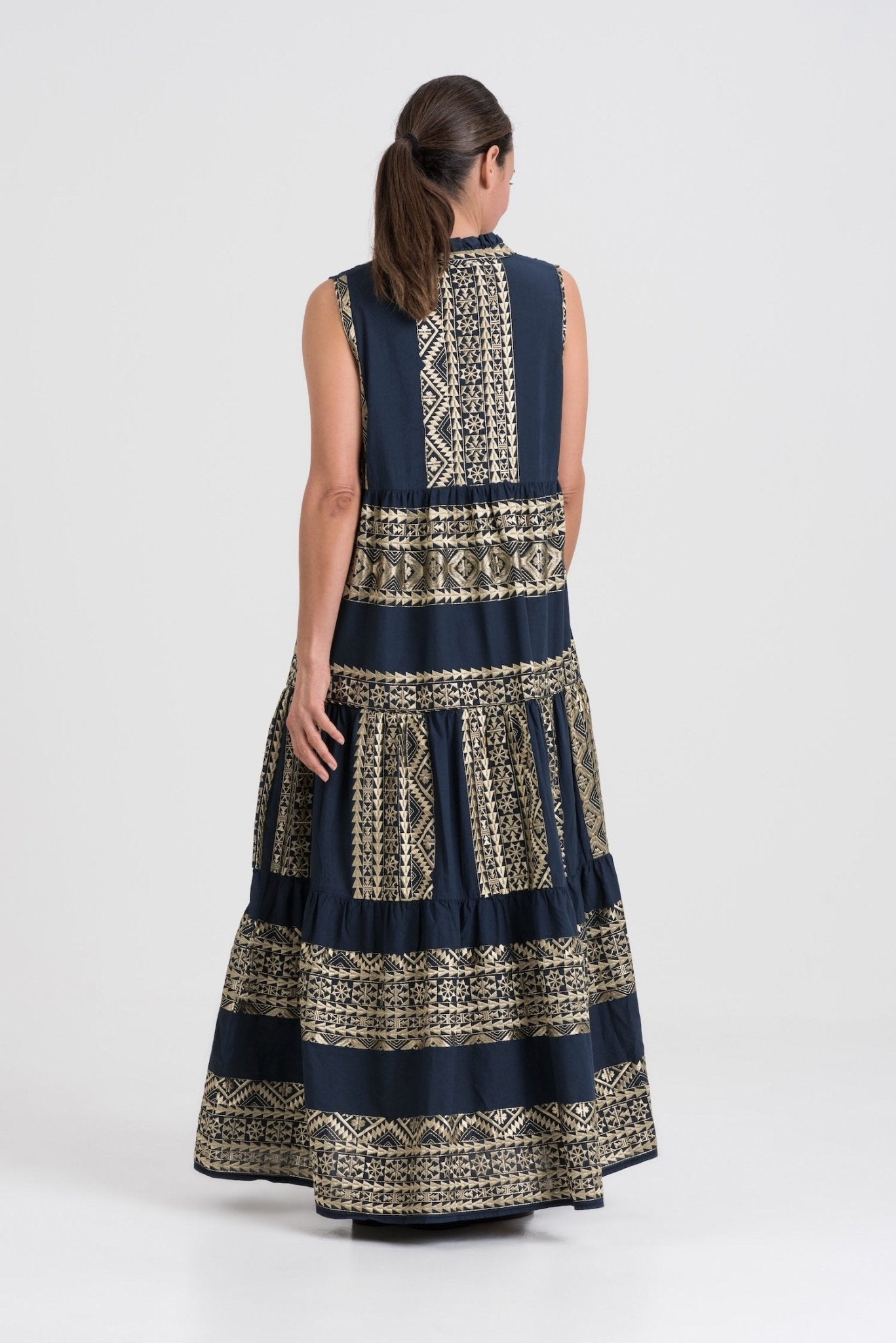 Greek Archaic Kori Cotton Maxi Dress | Navy Blue & Gold. Available at Pasha Living