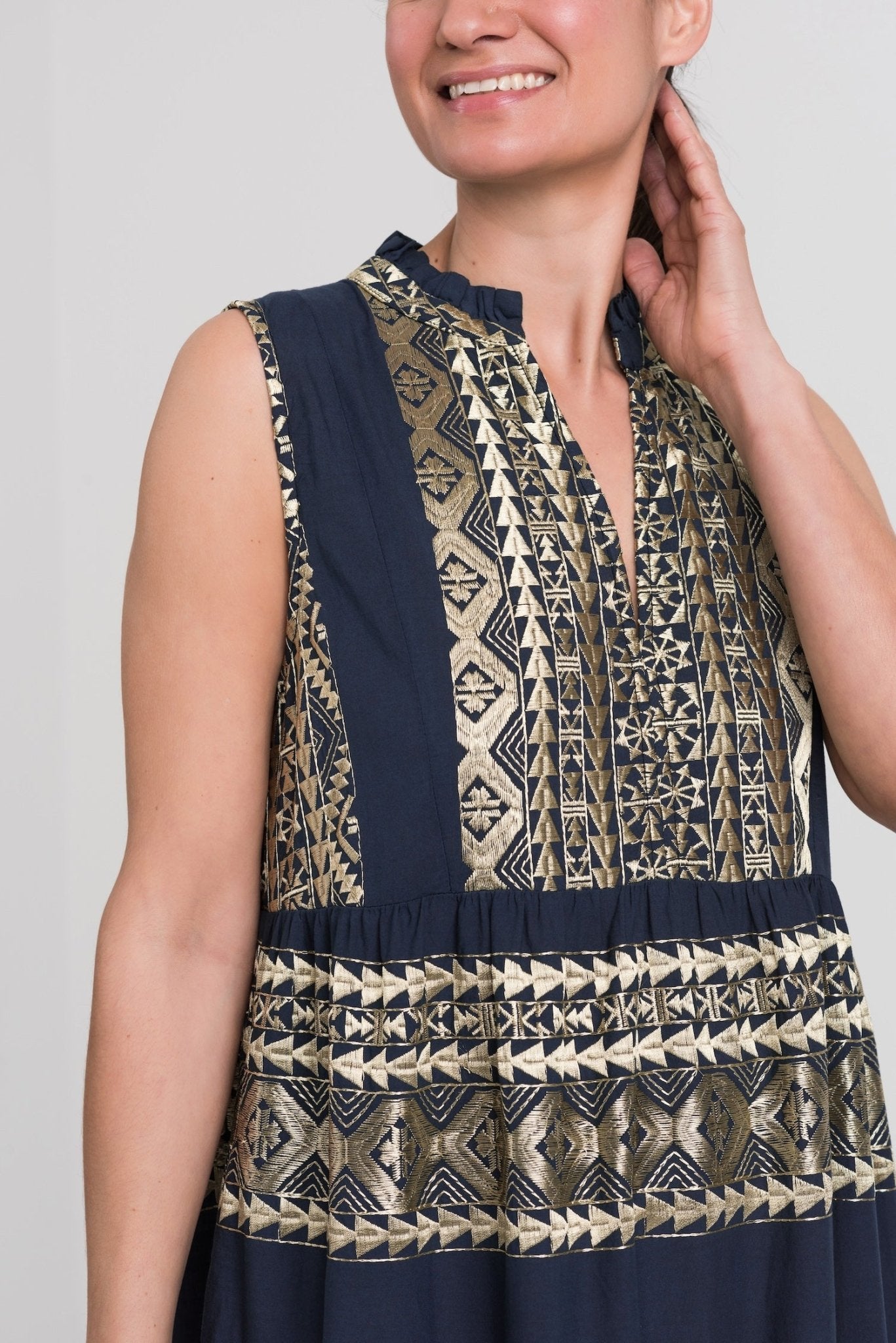 Greek Archaic Kori Cotton Maxi Dress | Navy Blue & Gold. Available at Pasha Living