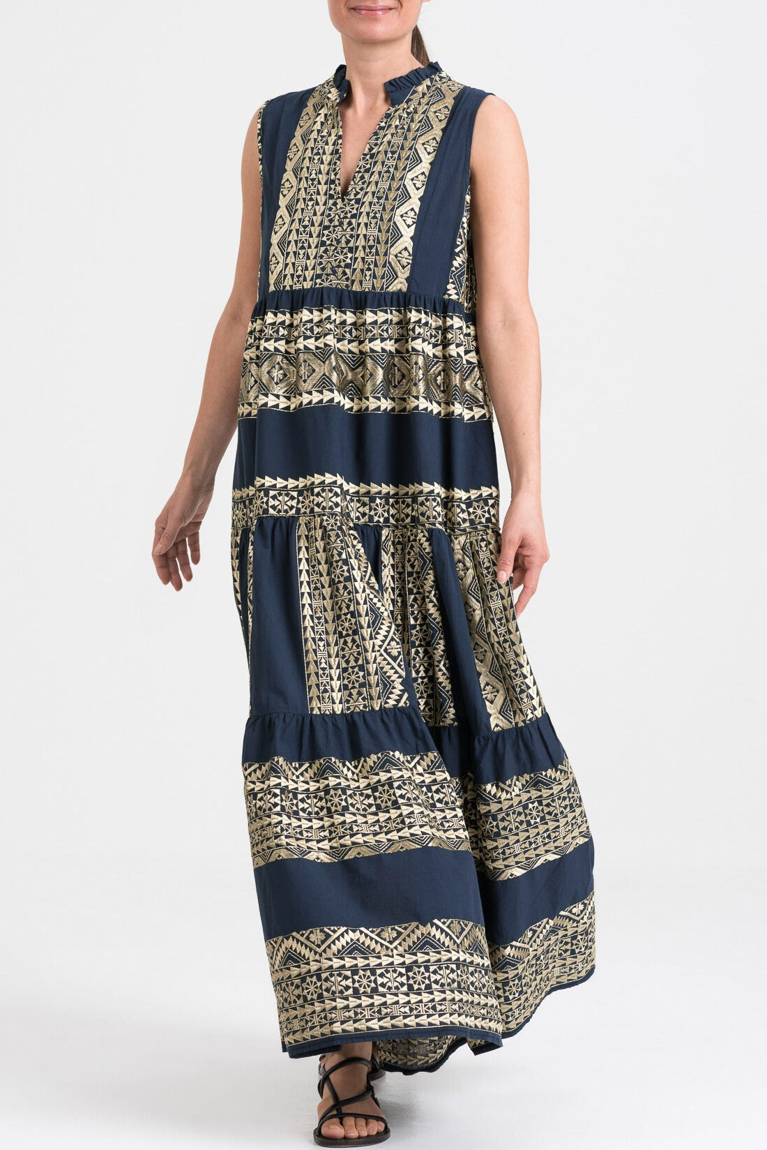 Greek Archaic Kori Cotton Maxi Dress | Navy Blue & Gold. Available at Pasha Living