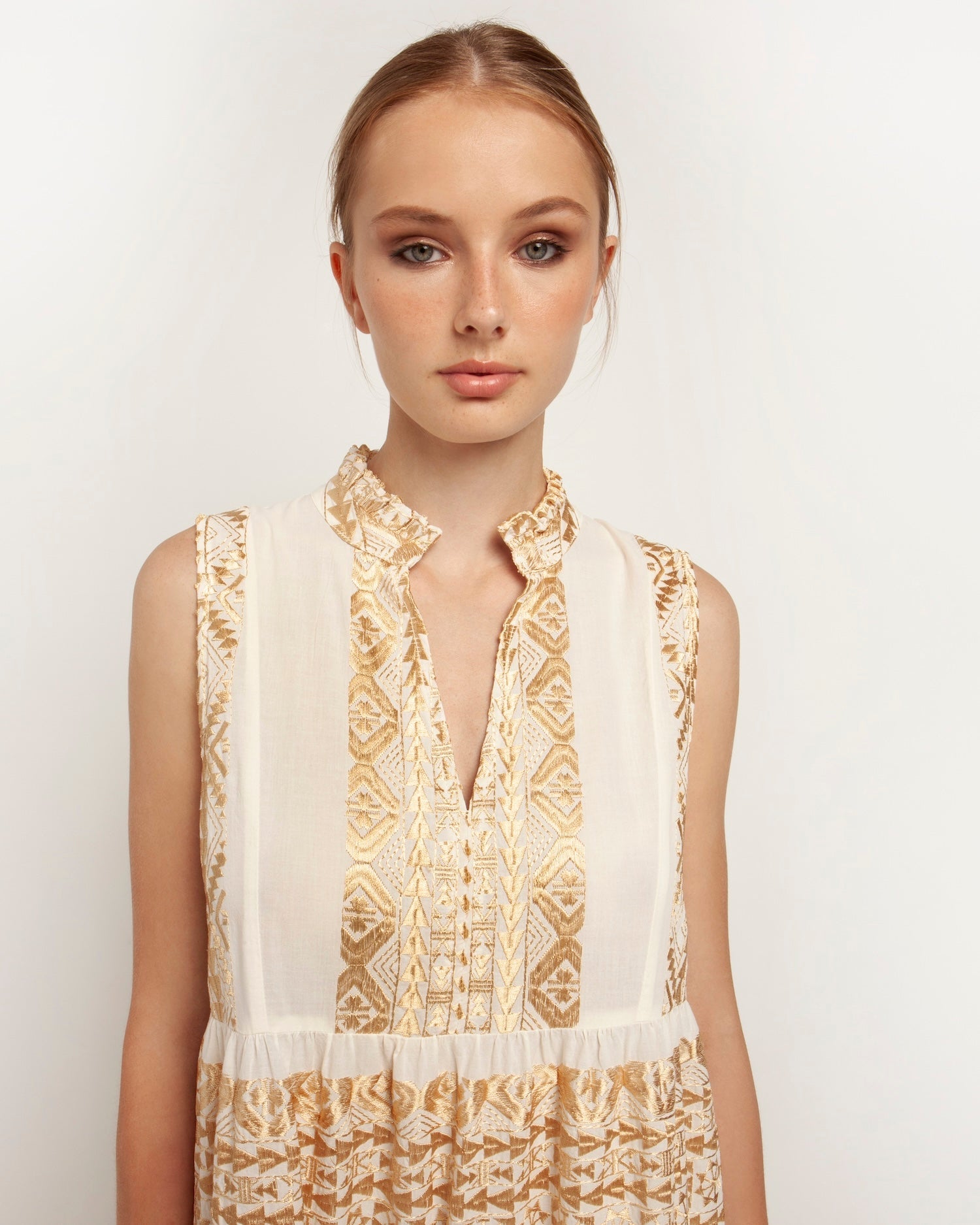 Greek Archaic Kori Cotton Maxi Dress | White & Gold. Available at Pasha Living