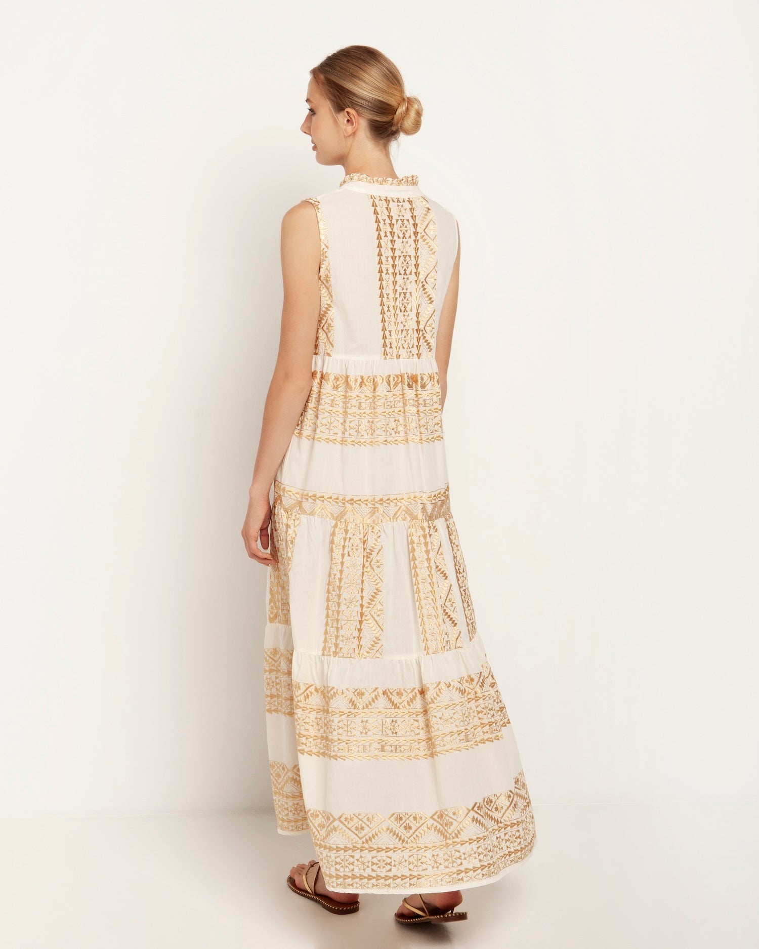 Greek Archaic Kori Cotton Maxi Dress | White & Gold. Available at Pasha Living