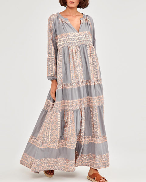Greek Archaic Kori Cotton Maxi Dress With Sleeves – Pasha Living