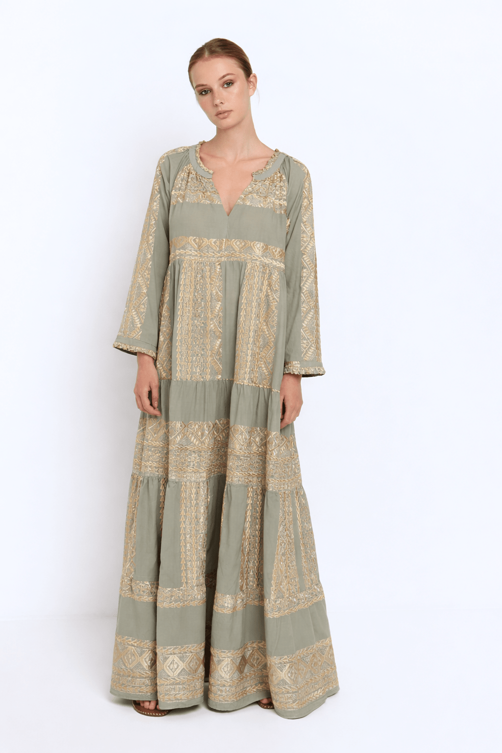 Greek Archaic Kori Cotton Maxi Dress With Sleeves | Sage & Gold. Available at Pasha Living
